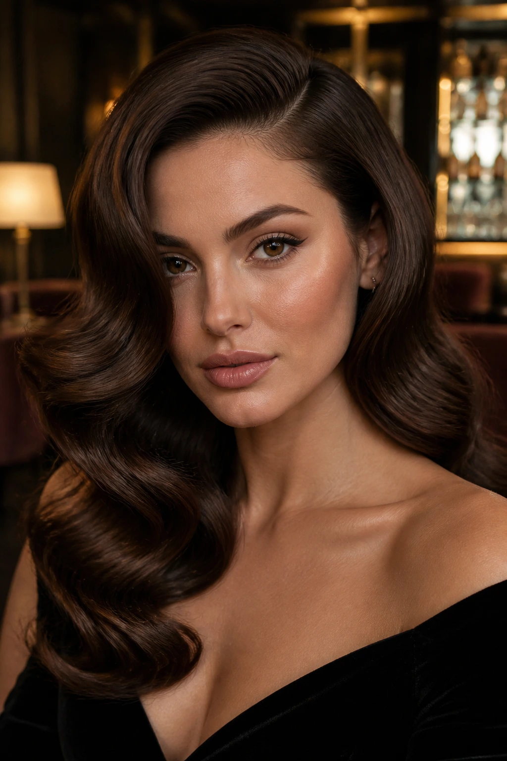 Close-up of a real woman with deep side-part old-Hollywood waves in brunette hair.