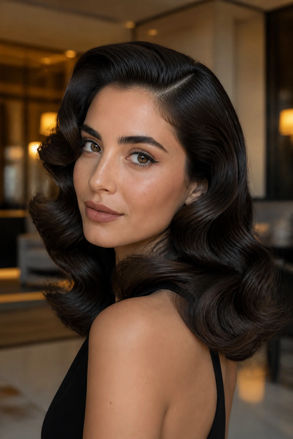 Close-up of a real woman with old Hollywood waves and deep brunette hair