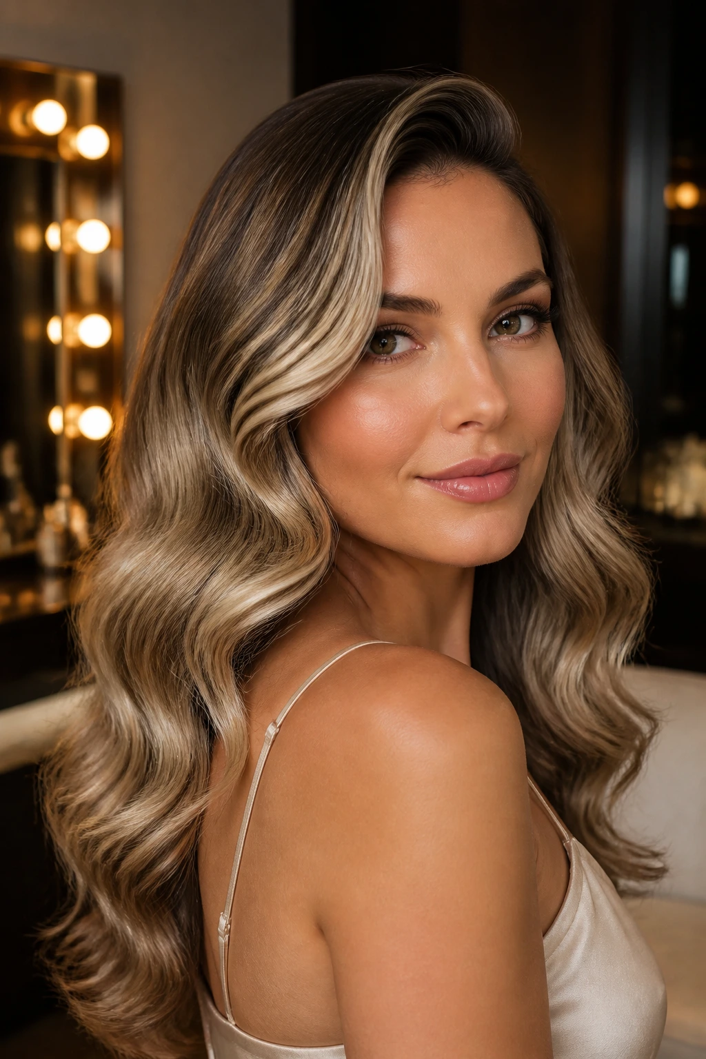 Portrait of a woman with old Hollywood waves and champagne babylights