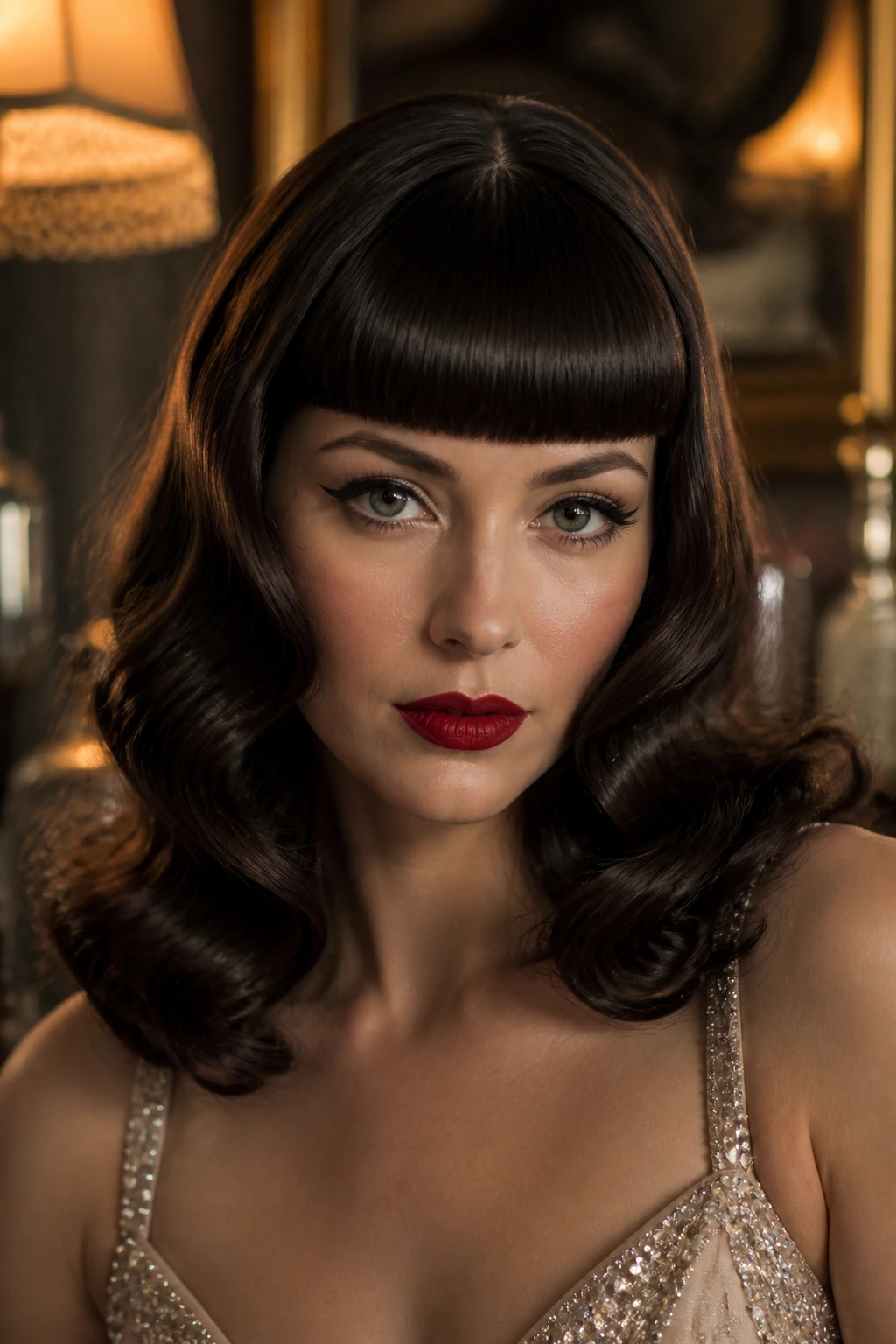 Real woman with old-Hollywood waves and sharp fringe portrait