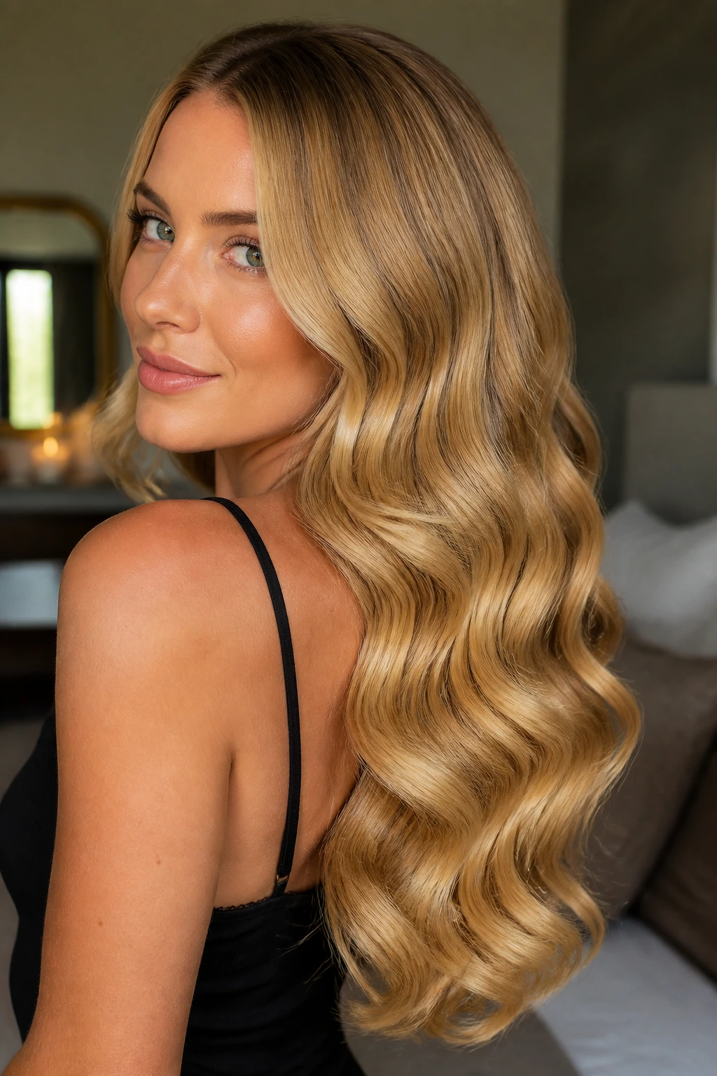 Close-up portrait of a woman with Old-Hollywood S-Waves in honey blonde hair.