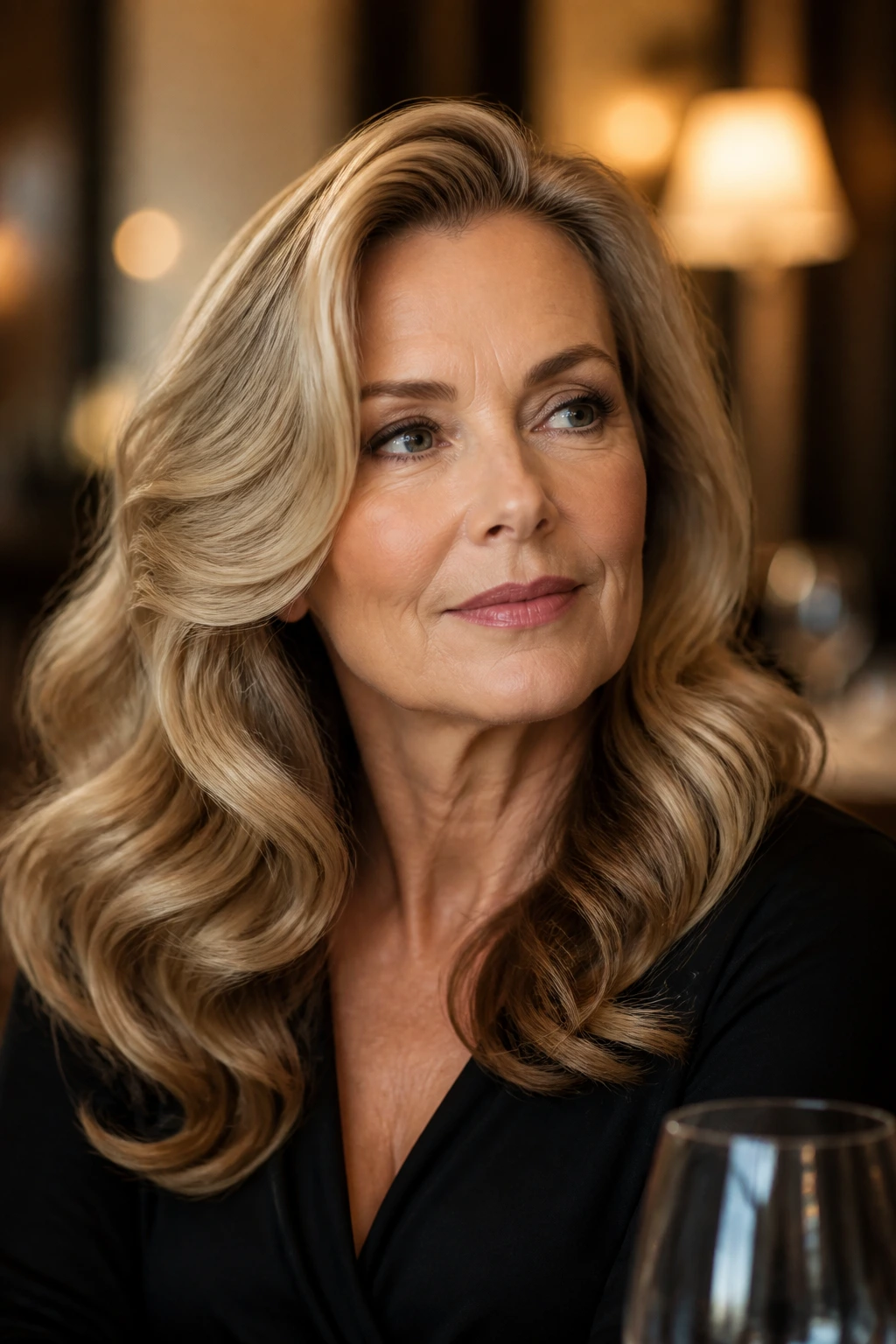 Close-up portrait of a real woman with Old-Hollywood Waves and long layers.