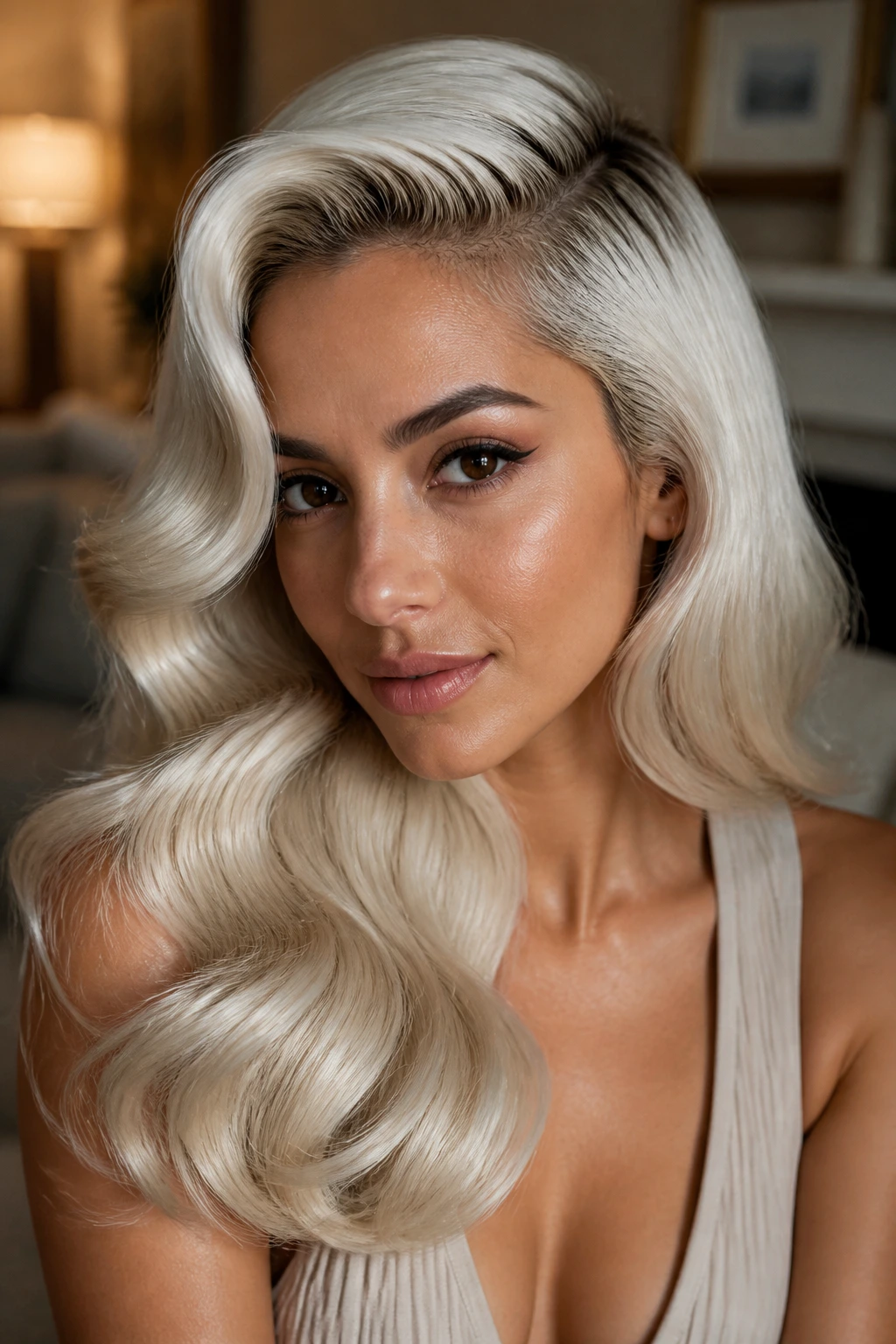 Portrait of a woman with icy platinum Old-Hollywood waves and olive skin
