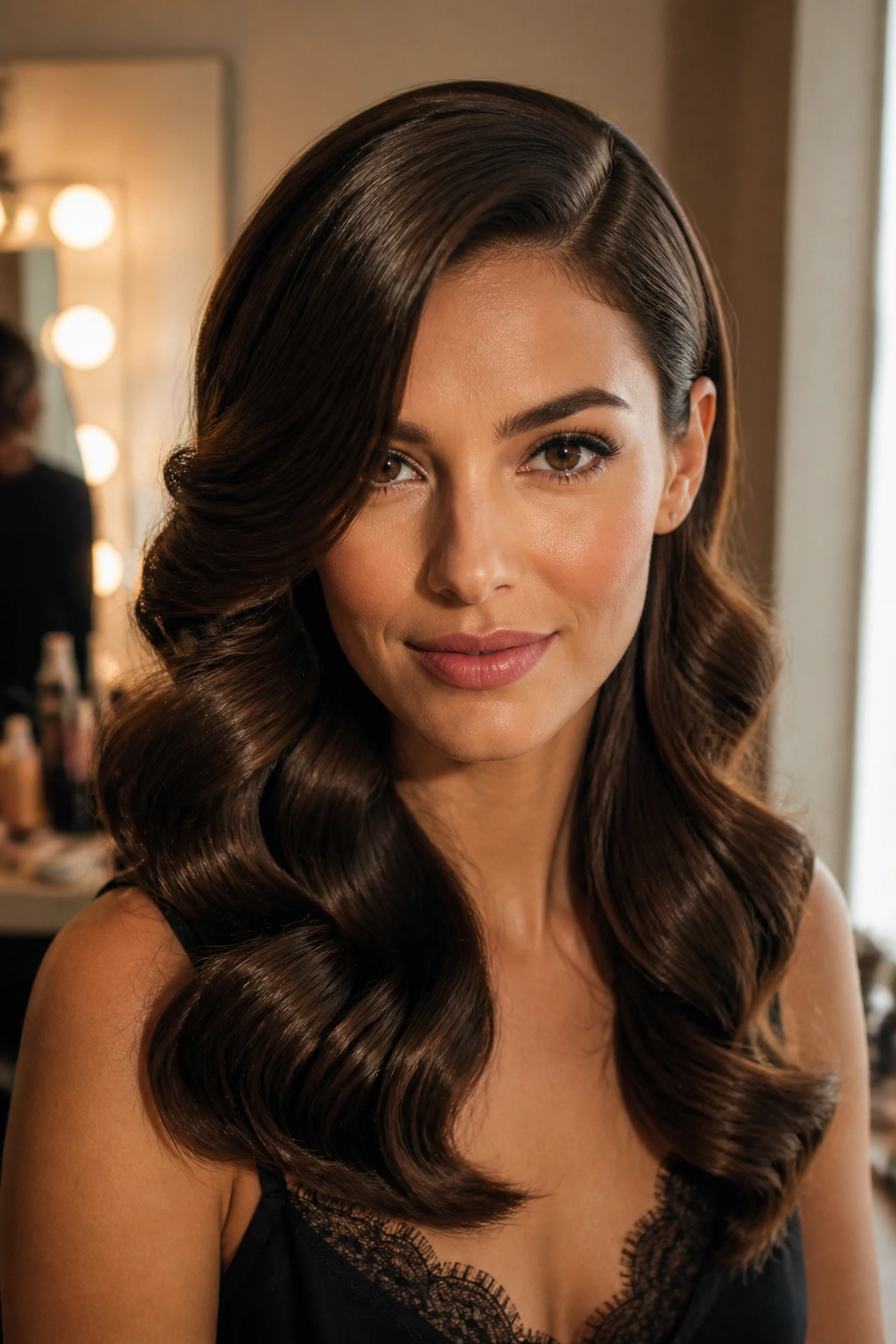 Close-up portrait of a real woman with old hollywood waves and a low side part.
