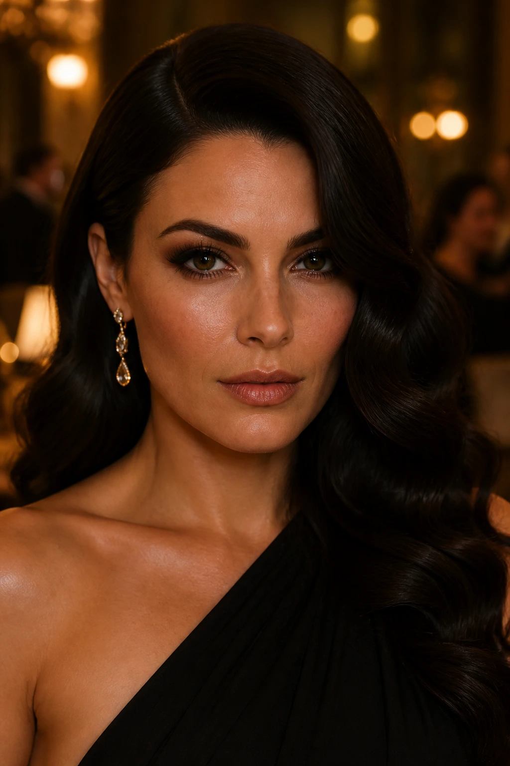 Portrait of a woman with a deep side part and Old-Hollywood waves