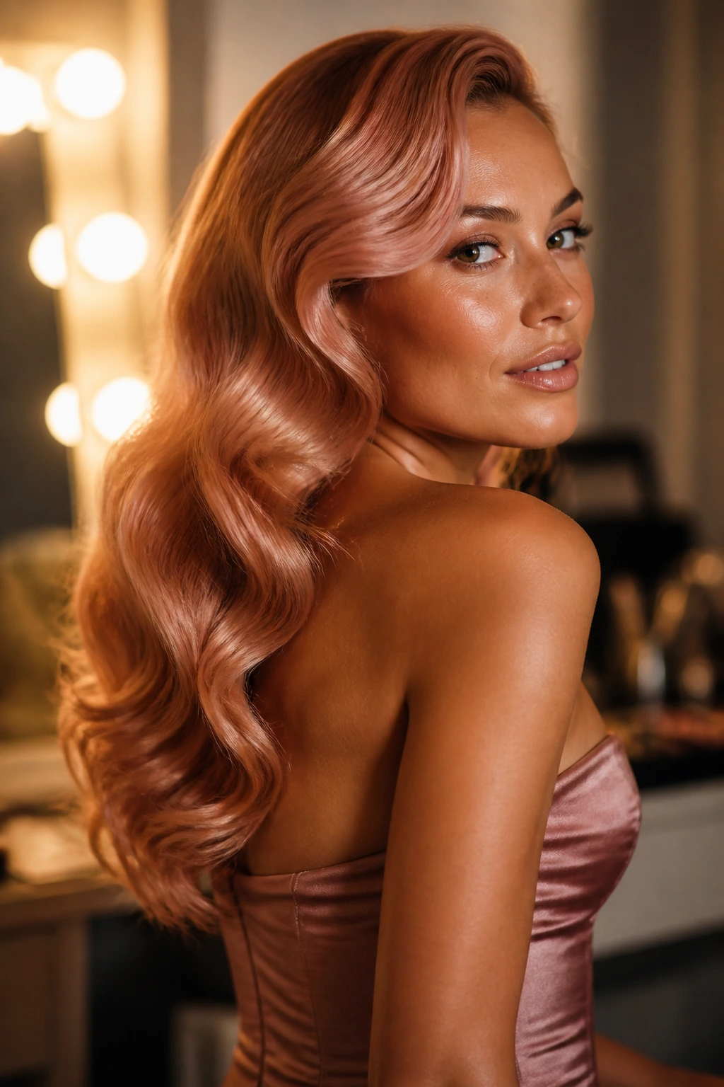 Portrait of a real woman with old-Hollywood waves and rose-gold gloss against tan skin