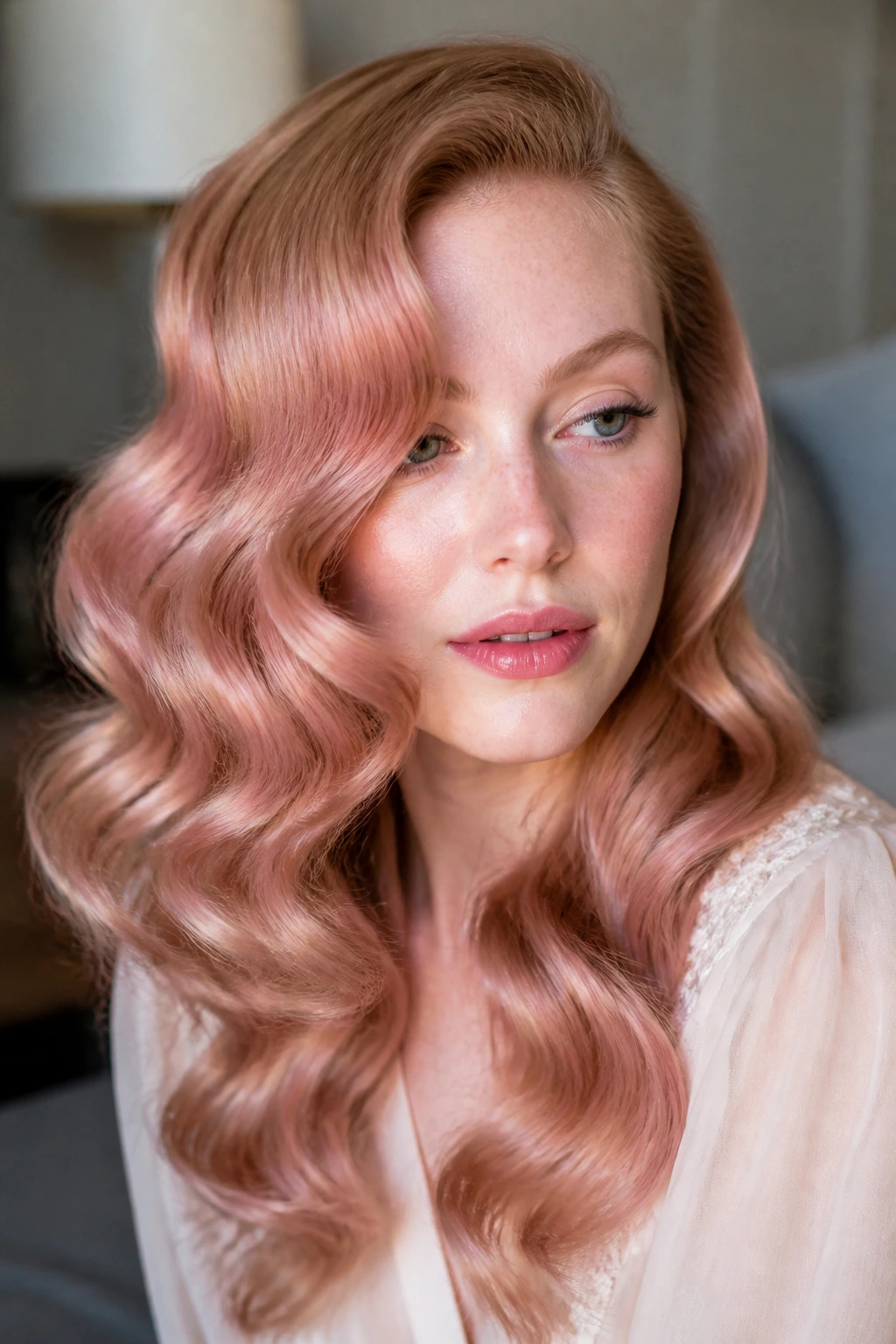 Close-up of a real woman with loose Old-Hollywood waves and rosy gloss