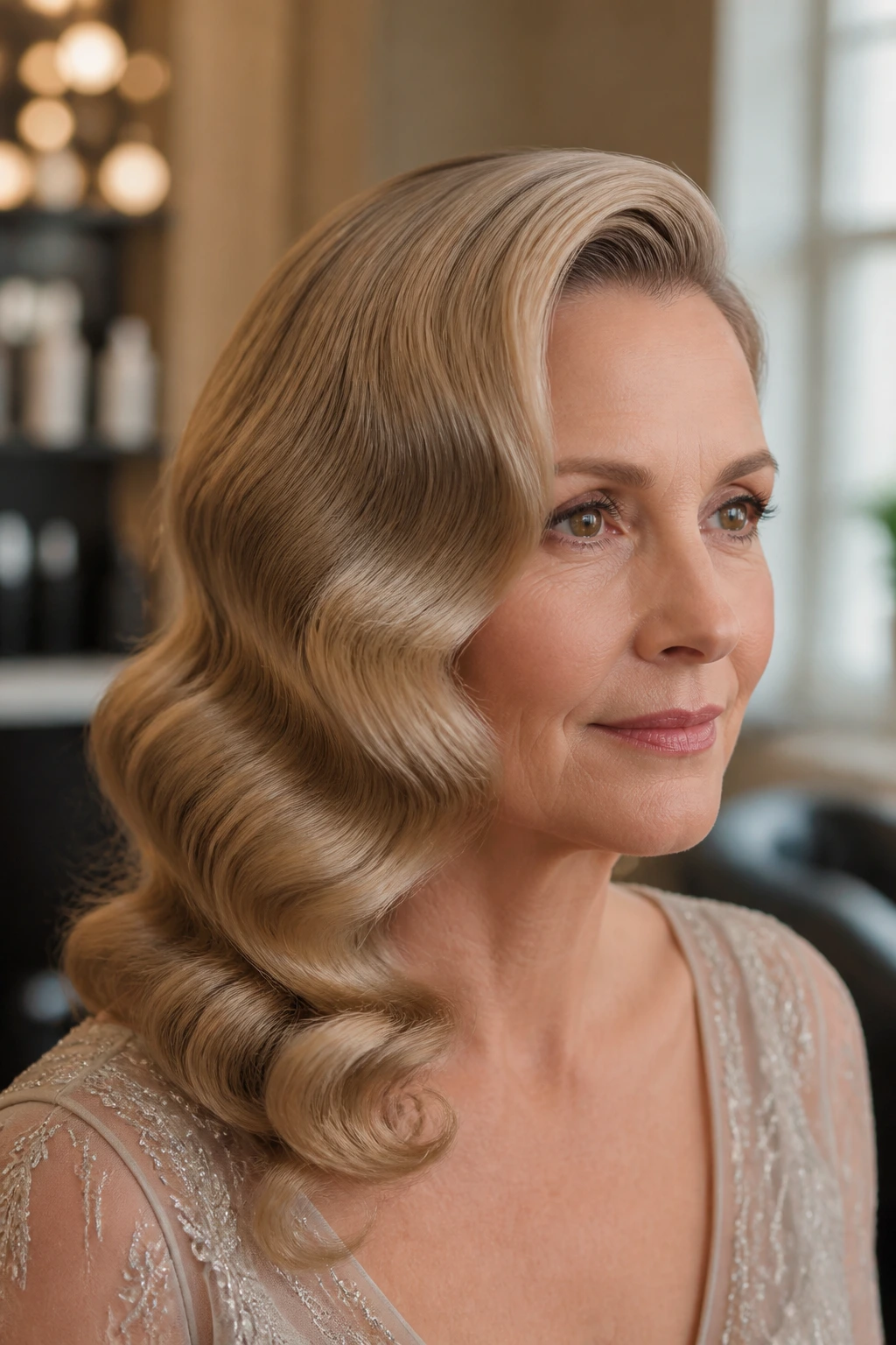 Portrait of a woman with old Hollywood waves and controlled shine