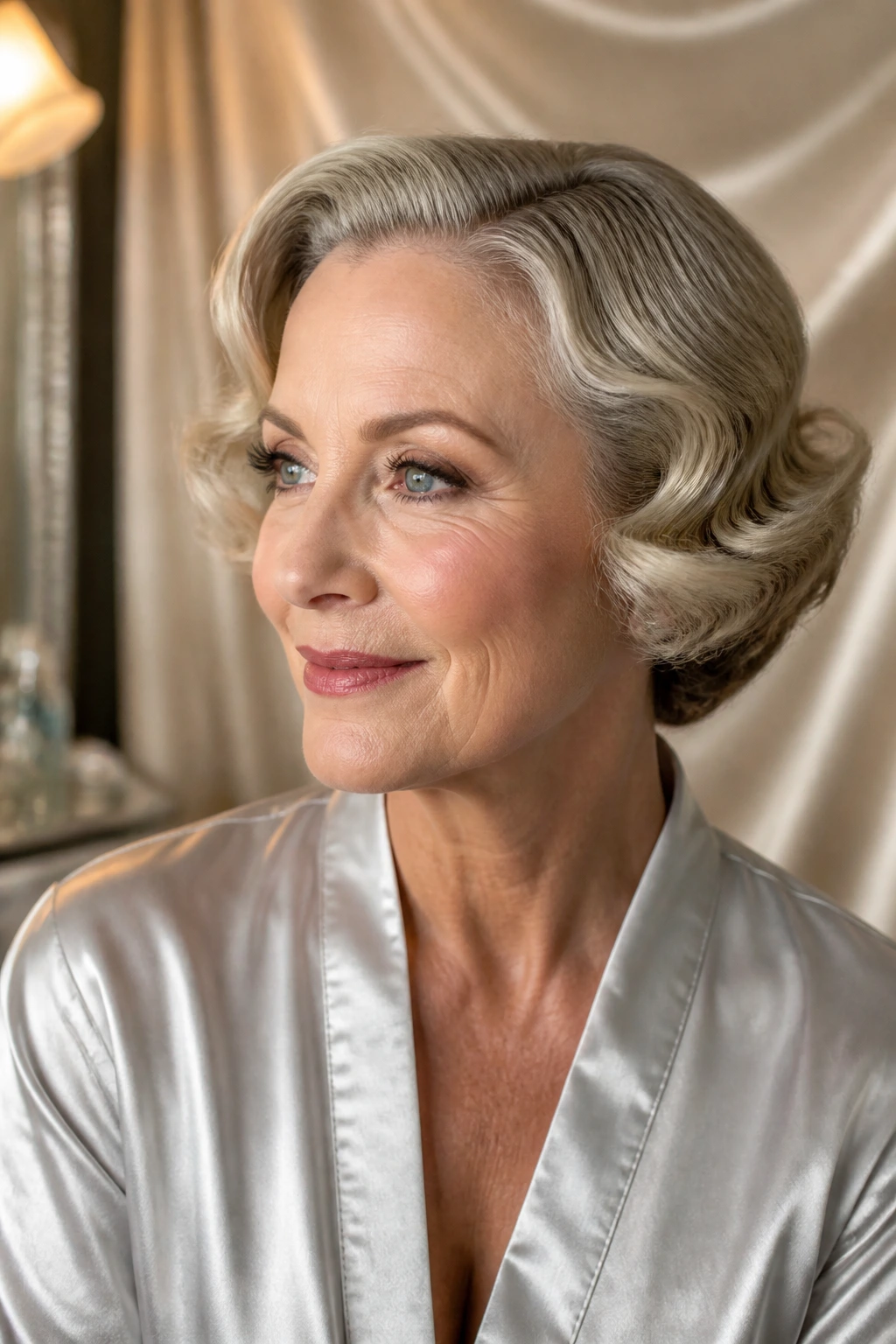 Close-up of a real woman with old-Hollywood waves on a short cut, elegant and polished