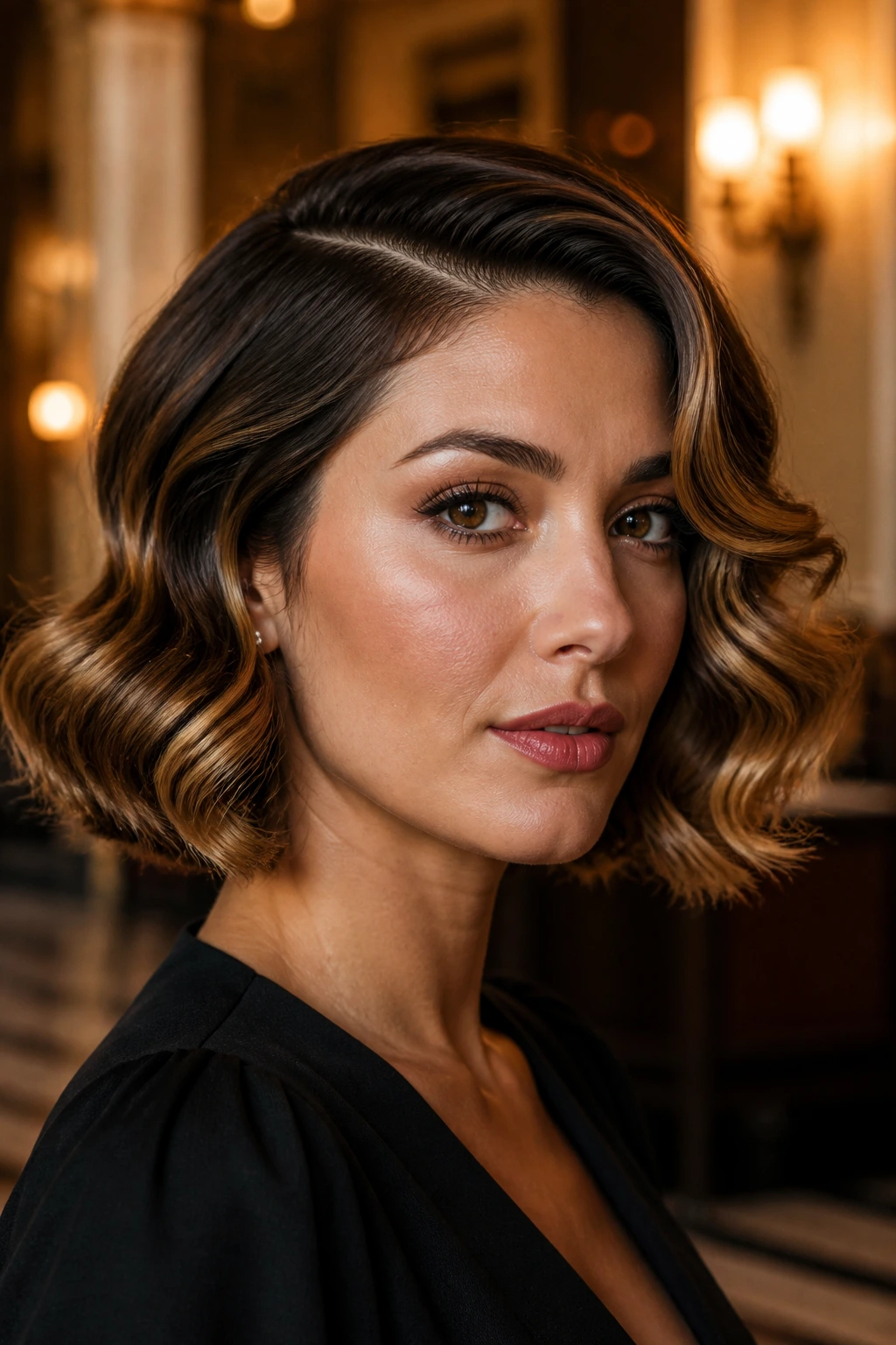 Close-up portrait of a real woman with old-Hollywood waves on a short lob and caramel highlights