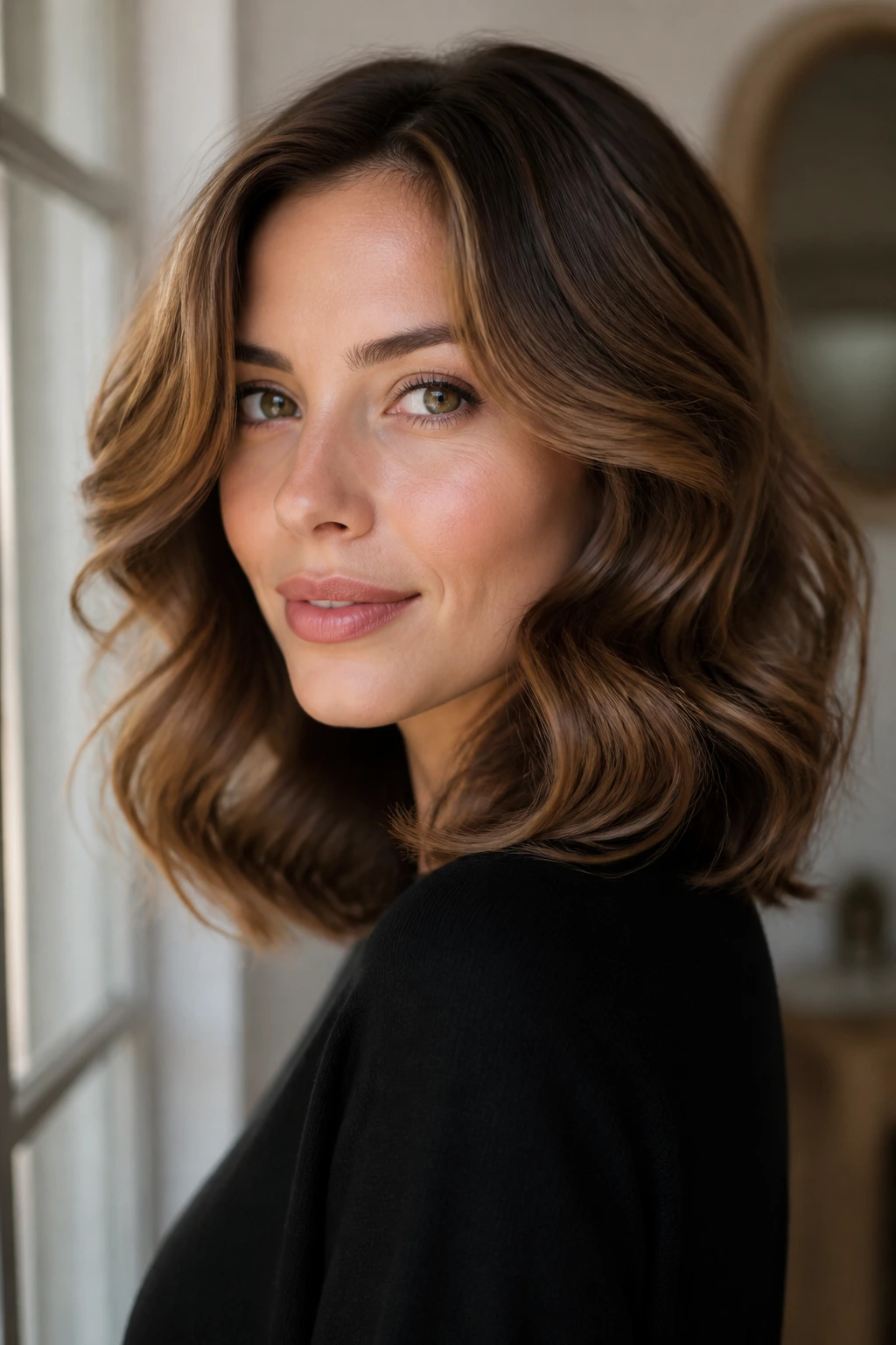 Portrait with loose Hollywood waves at shoulder length