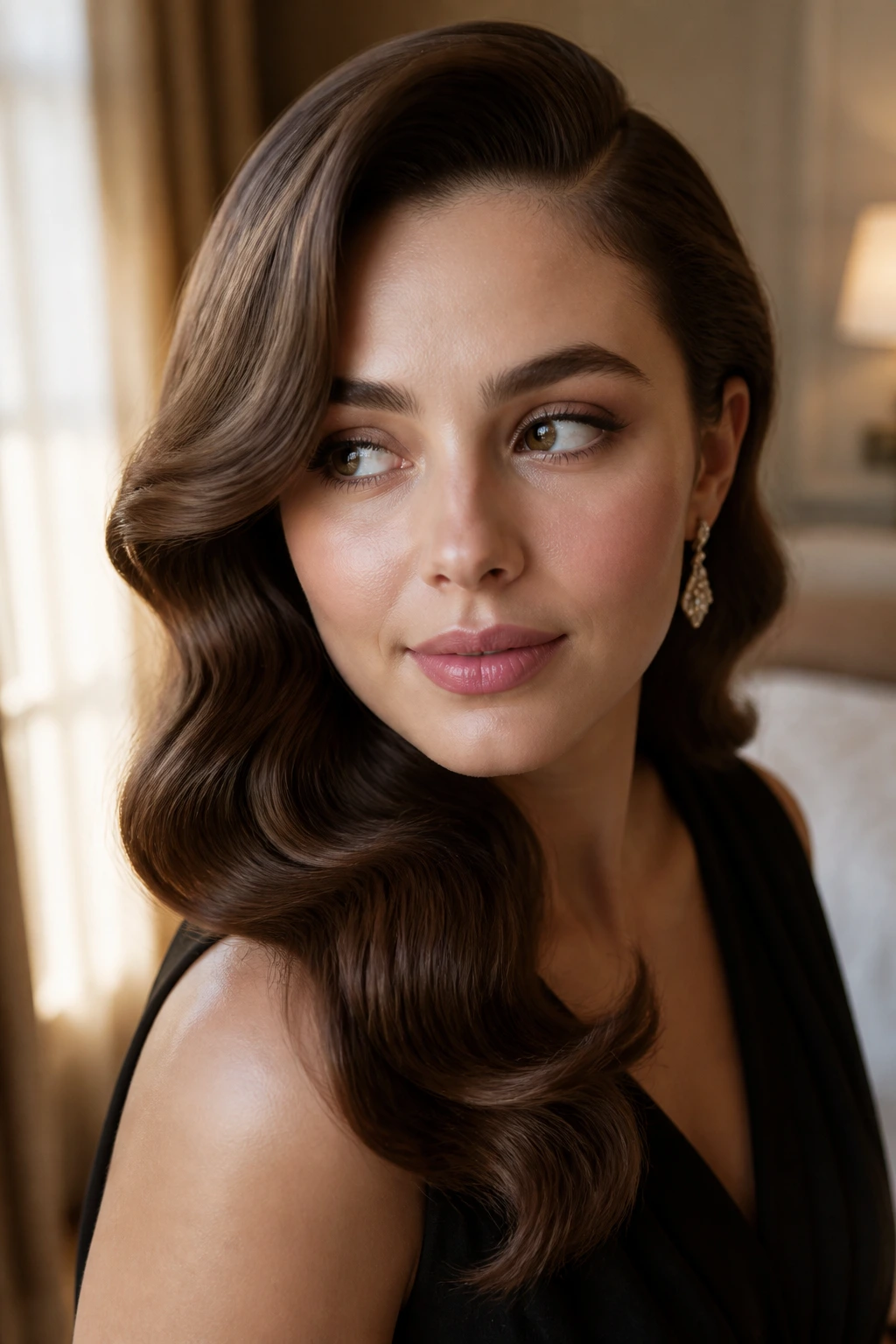 Close-up of woman with deep side-part Old Hollywood waves