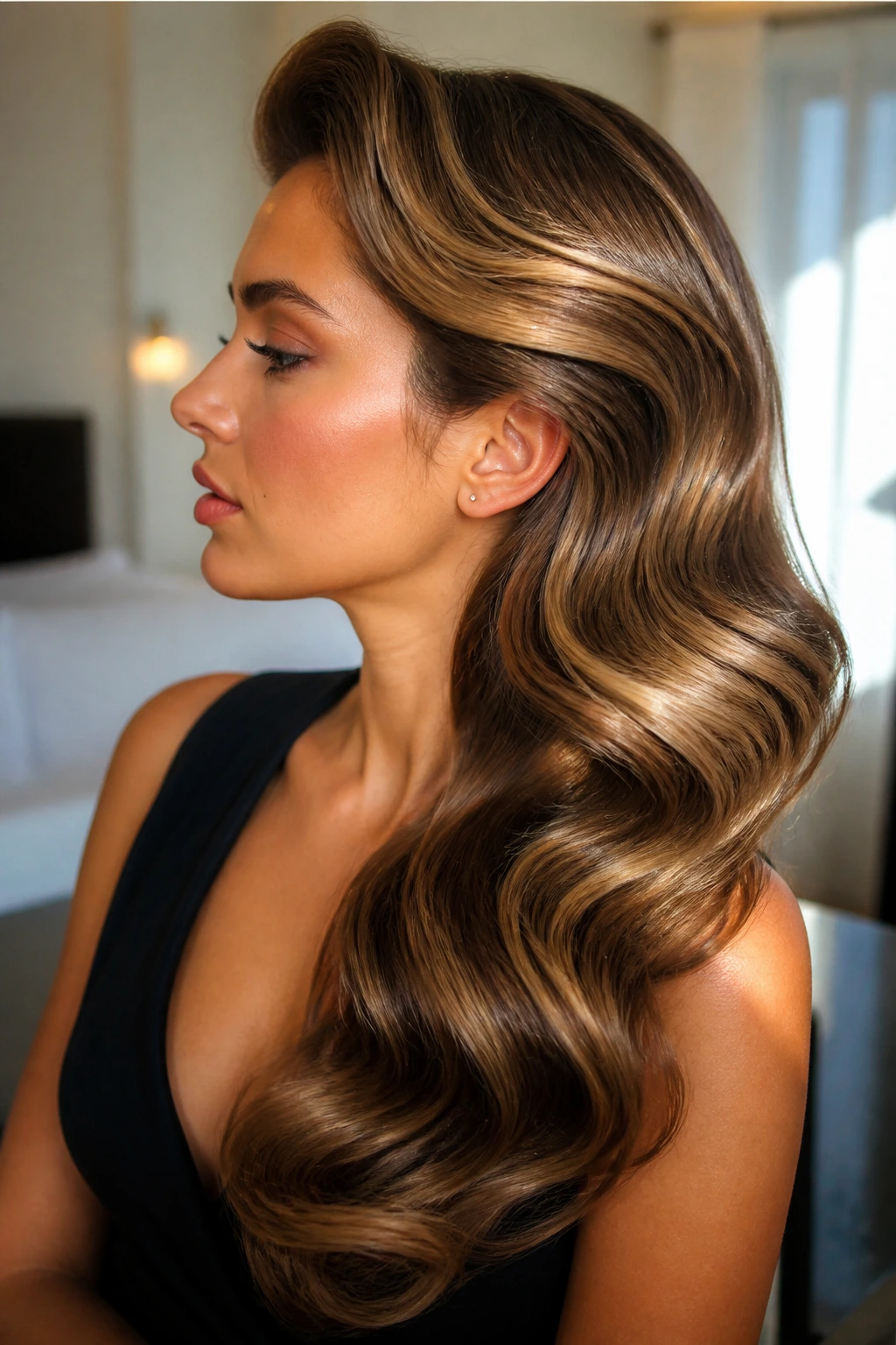 Real person with side-swept Hollywood waves and babylights.
