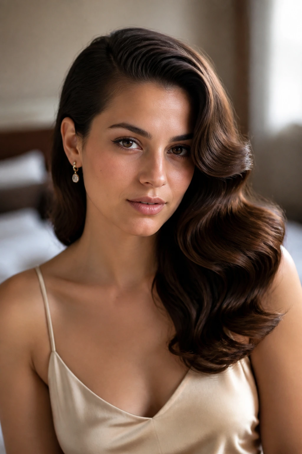 Close-up of Old Hollywood waves with a side sweep on a real woman, polished retro hairstyle.