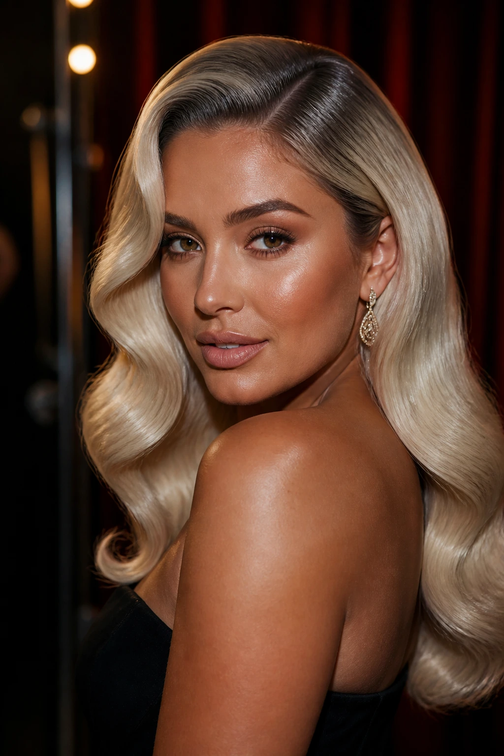 Portrait of a real woman with platinum Old-Hollywood waves and smoky root.
