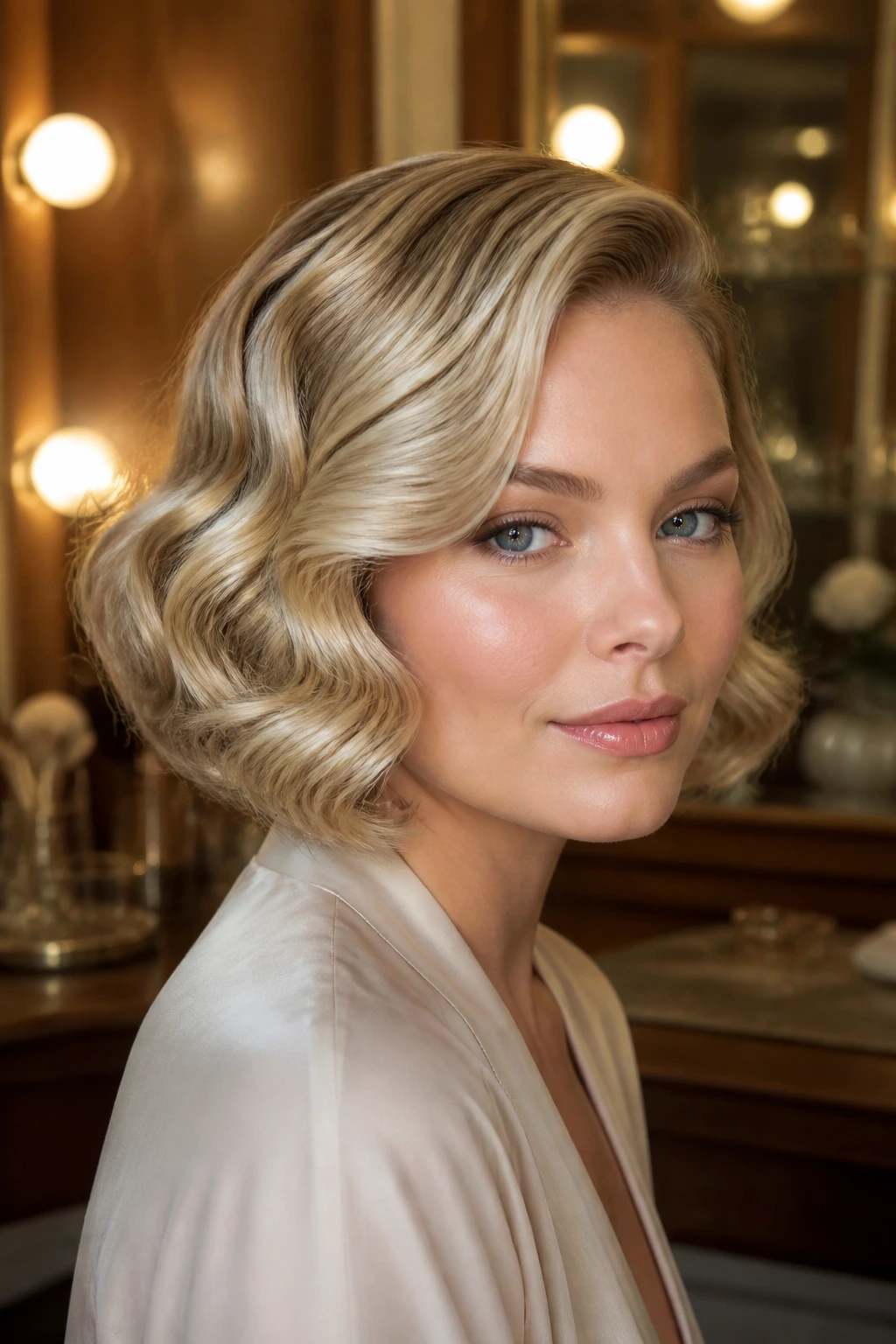 Close-up portrait of a real woman wearing Old Hollywood Wavy Bob with glossy multi-tone blonde waves