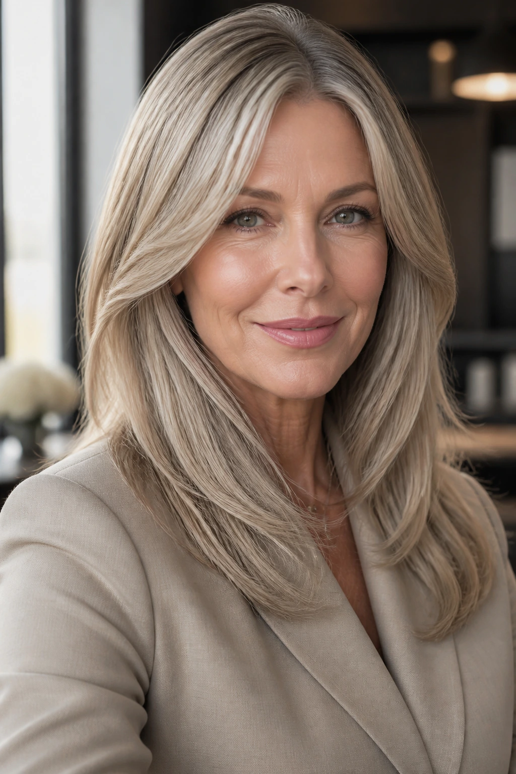 Portrait of a woman with old-money beige blonde hair