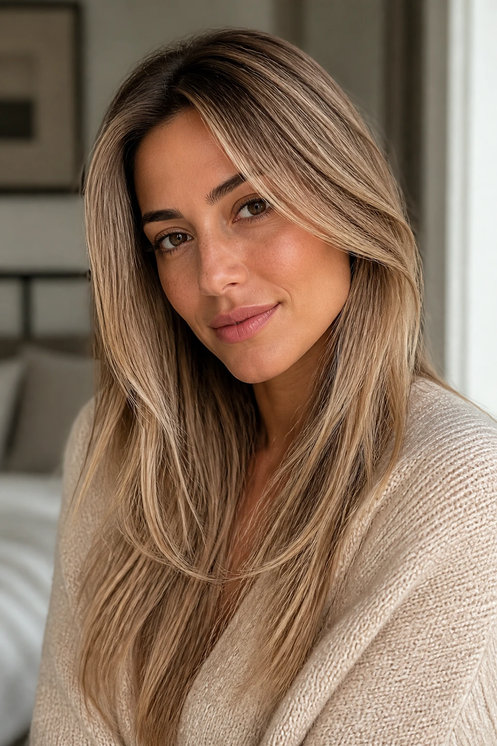 Close-up portrait of a woman with beige-gold highlights and shadow root.