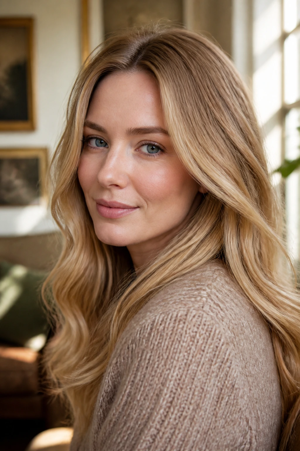 Close-up portrait of a woman with old-money gold blonde hair in warm daylight