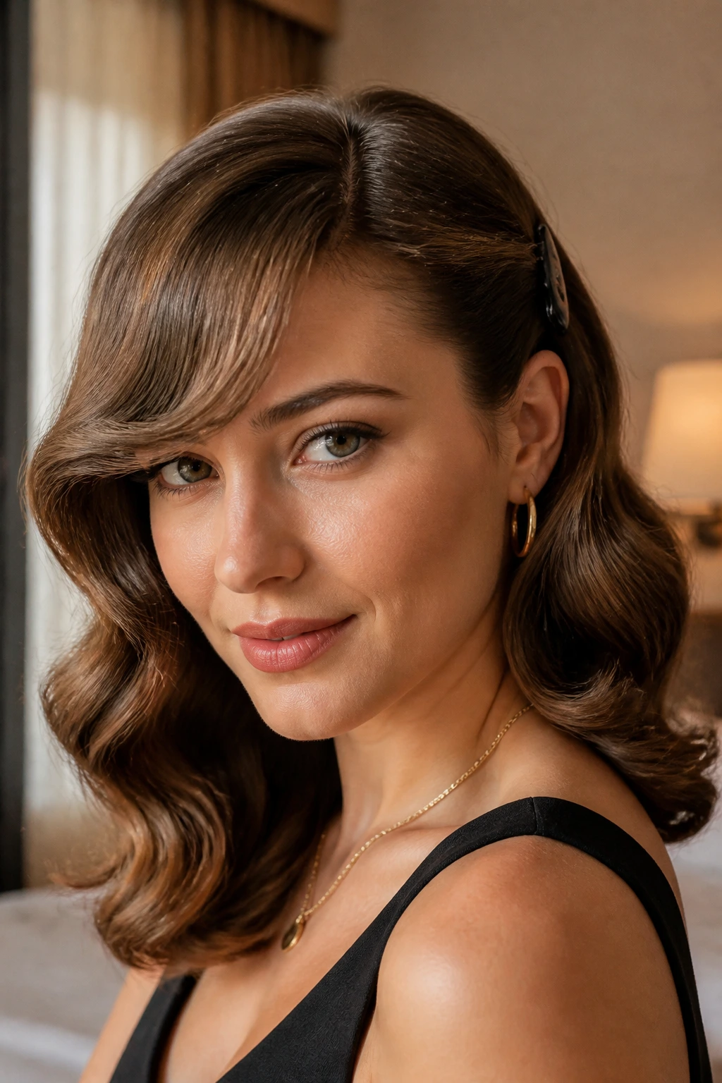 Close-up of a real woman with clipped-back old Hollywood waves and side-swept bangs in warm hotel-room light.