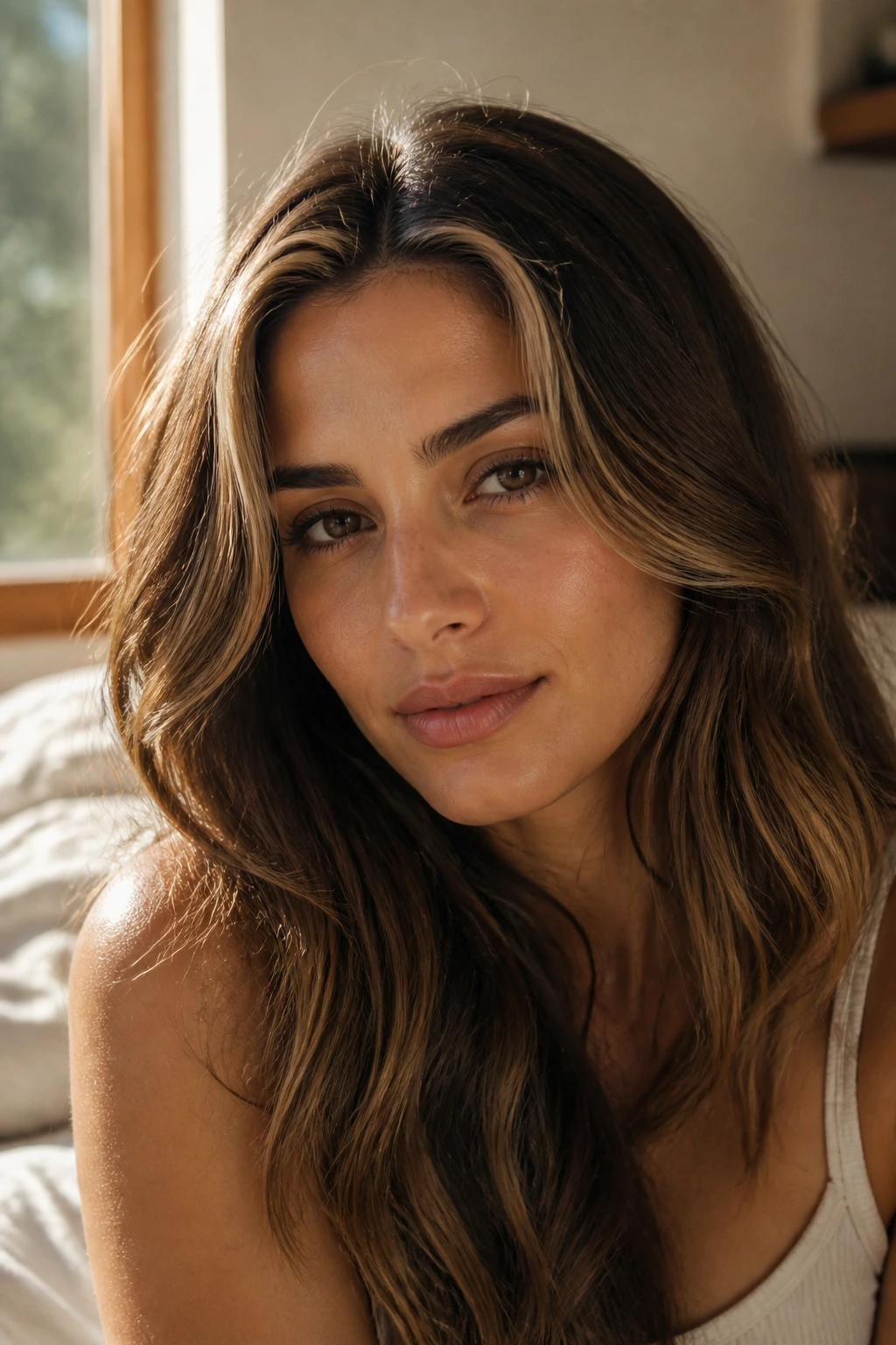 Close-up portrait of olive-skinned person with honey-gold highlights around face
