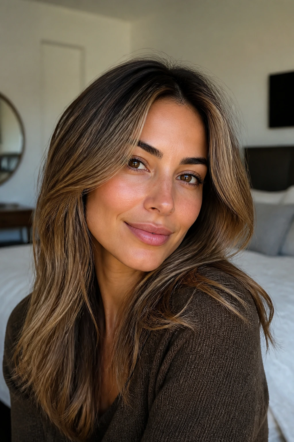Close-up of olive-skinned woman with beige babylights and root shadow around the crown.