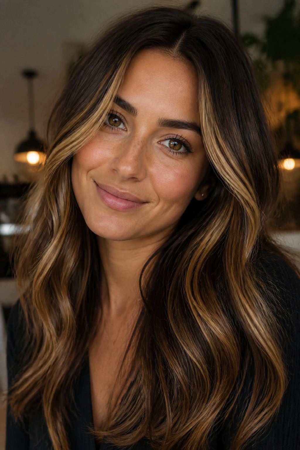 Real person with brunette base and honey ribbon balayage highlighting around the face.