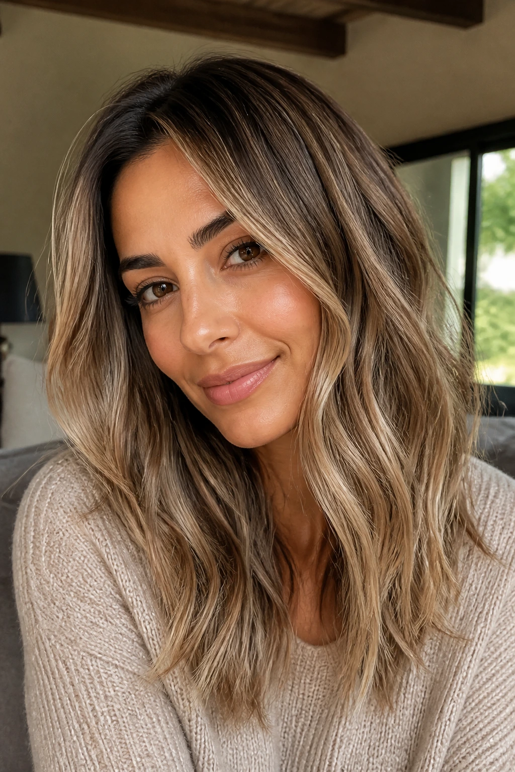 Close-up of olive-skin client with beige blonde balayage through mid-lengths.