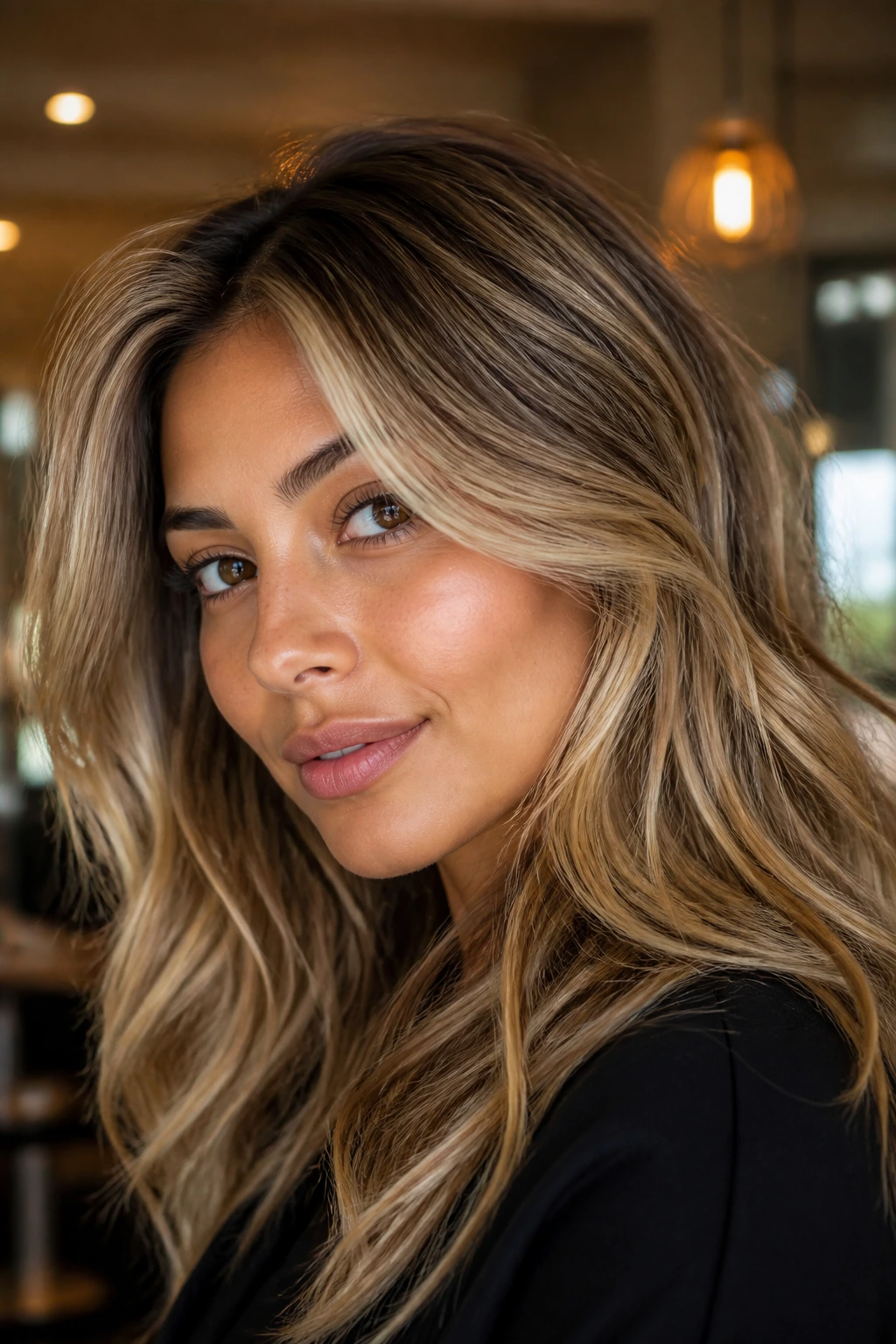 Portrait of a woman with medium olive skin and beige-vanilla blonde.