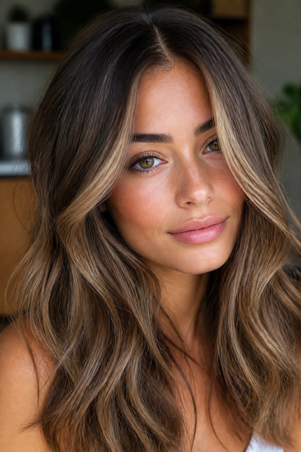 Close-up portrait of olive-skinned person with brown blonde hair blends in soft window light.
