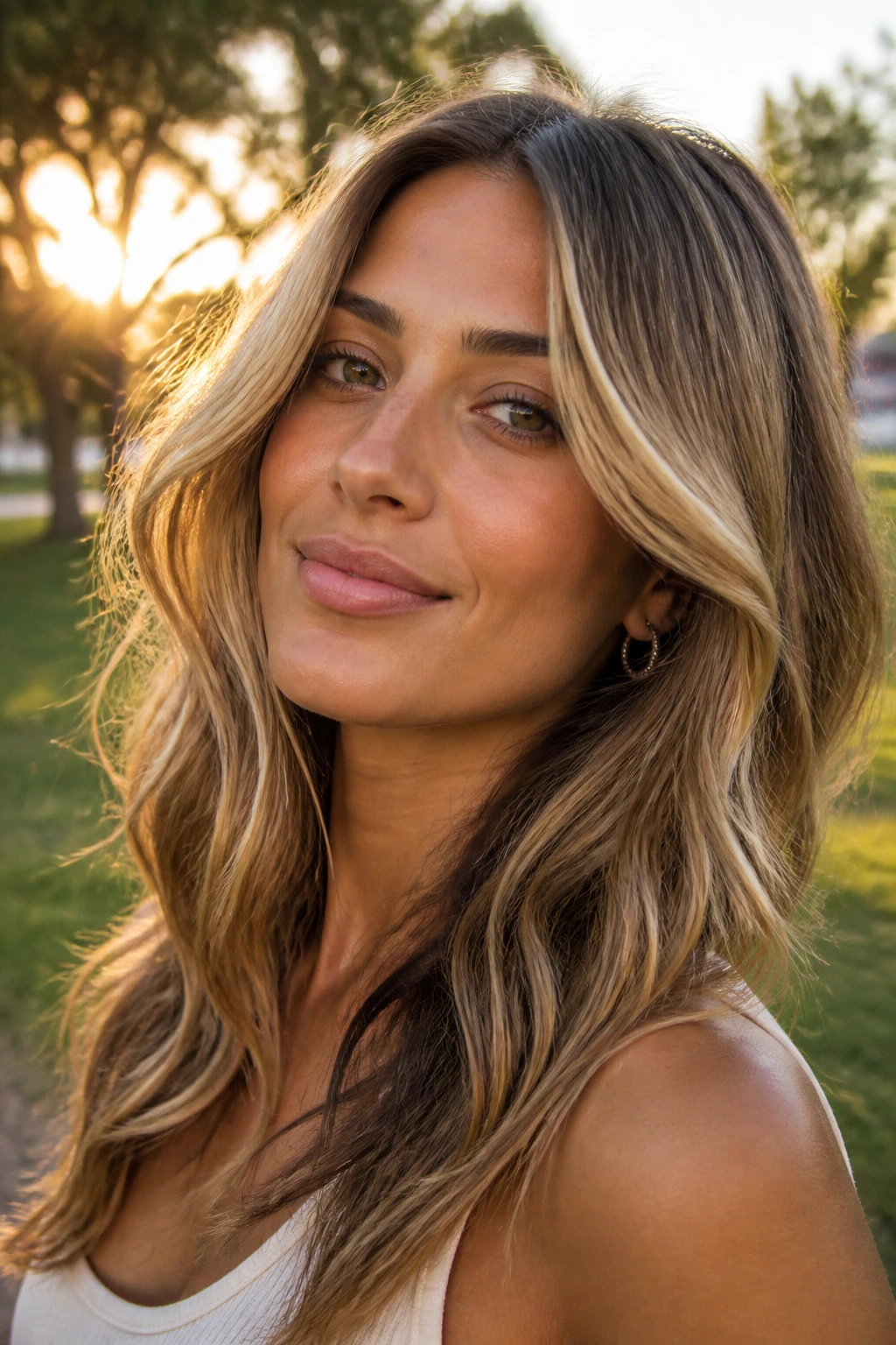 Close-up of olive-skinned woman with multi-tone blonde hair in golden hour