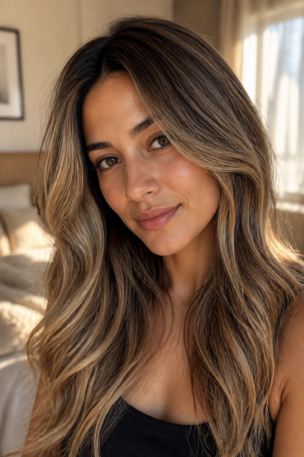 Close-up of a real woman with olive skin and brown-blonde hair featuring a soft root melt