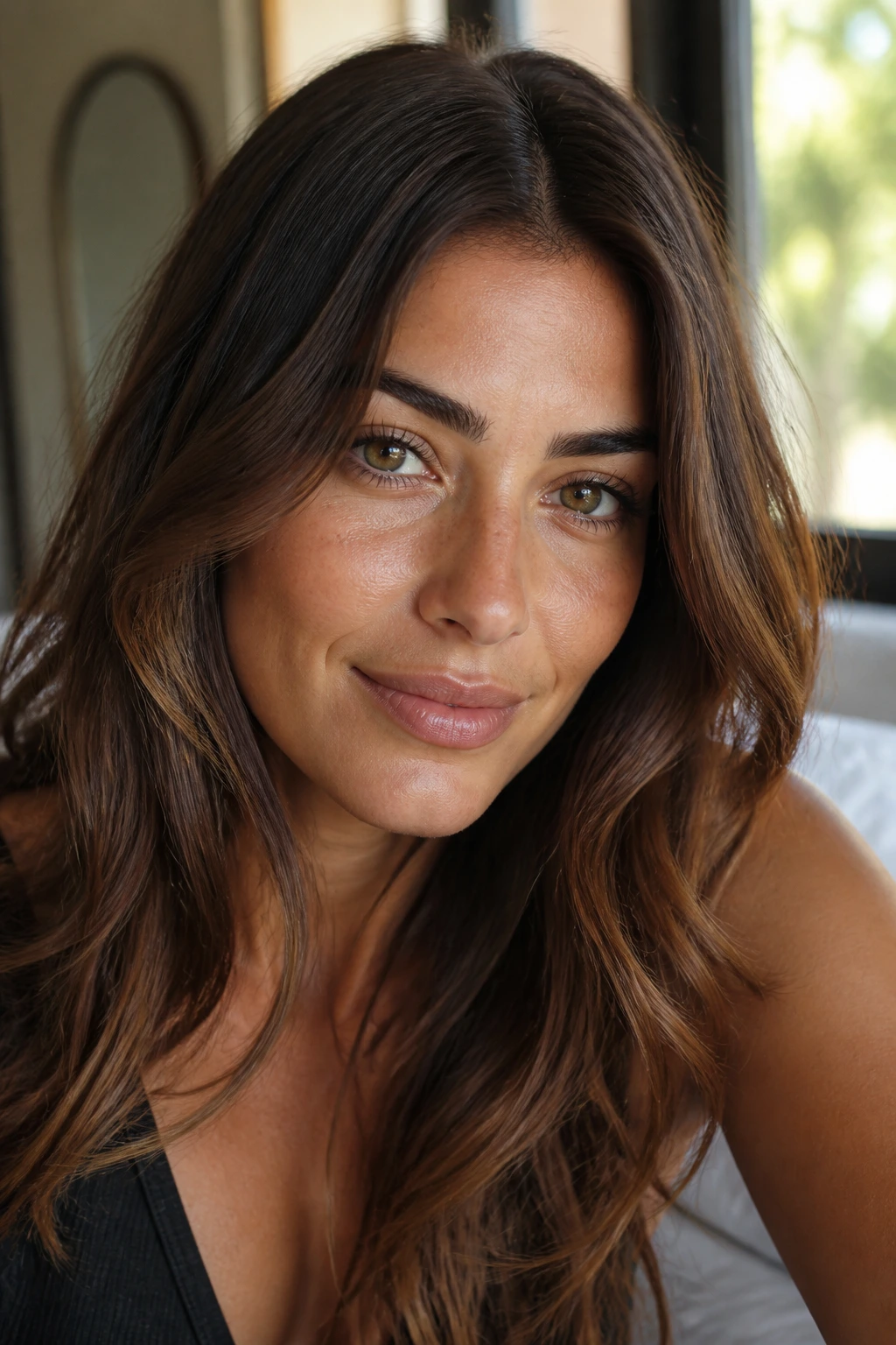 Close-up portrait of olive skin with brown hair in warm light