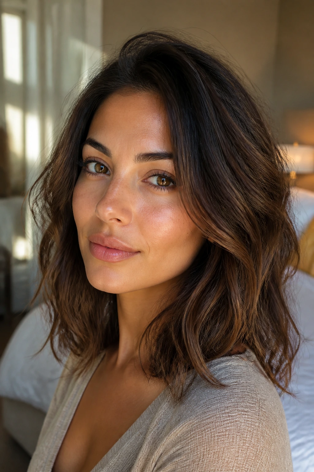 Close-up portrait of a real woman with olive skin and brunette hair showing depth and warmth