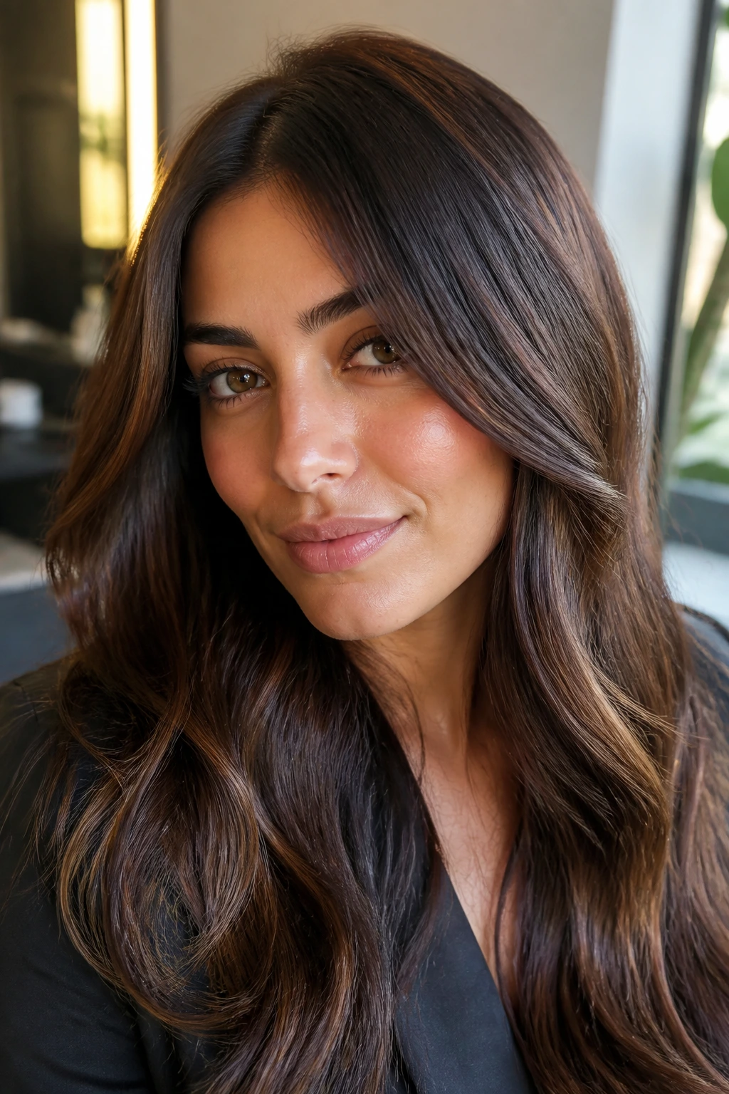 Close-up portrait of olive-skinned woman with glossy brunette hair