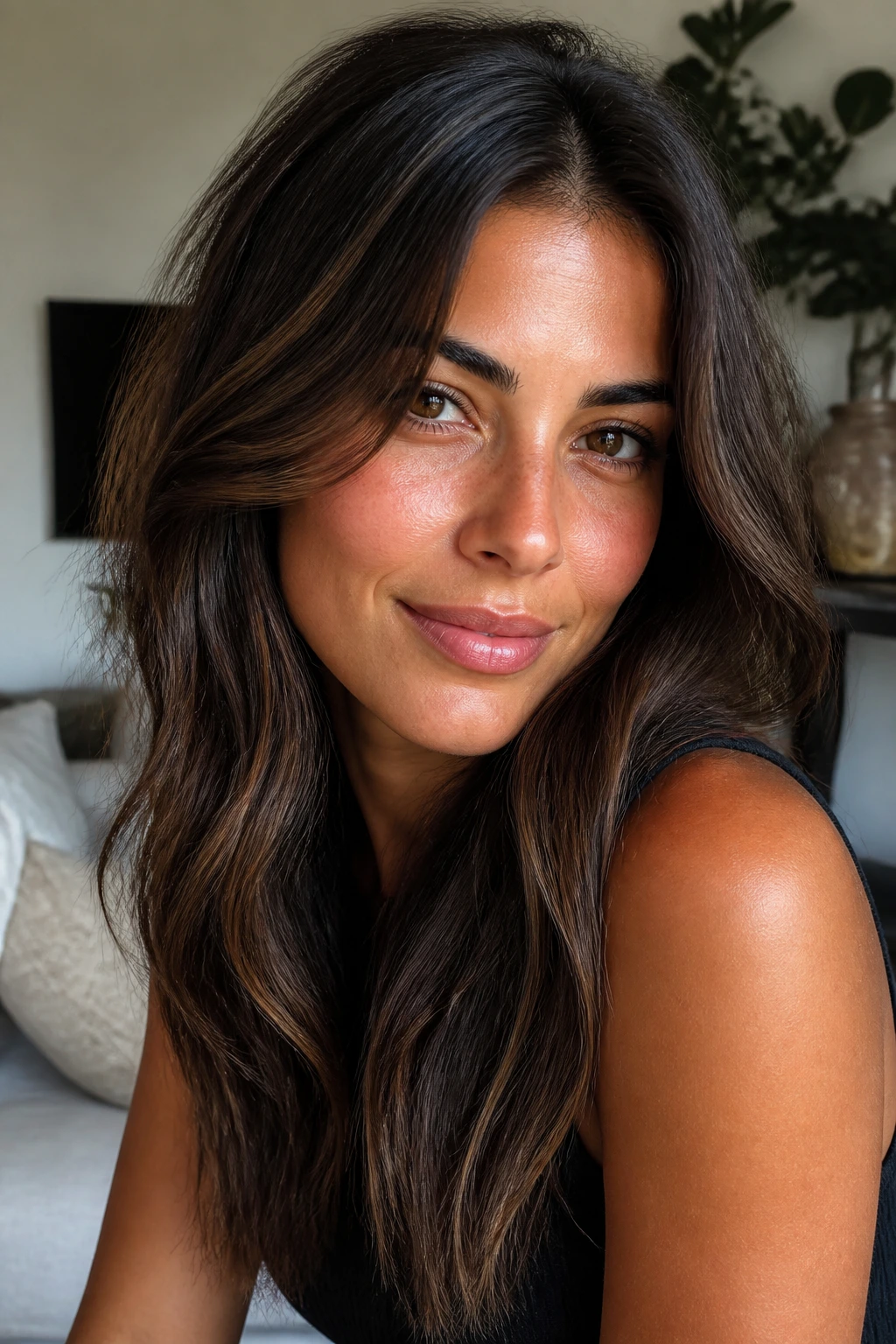 Close-up olive-skinned woman with glossy brunette hair showing non-bleached brown tones.