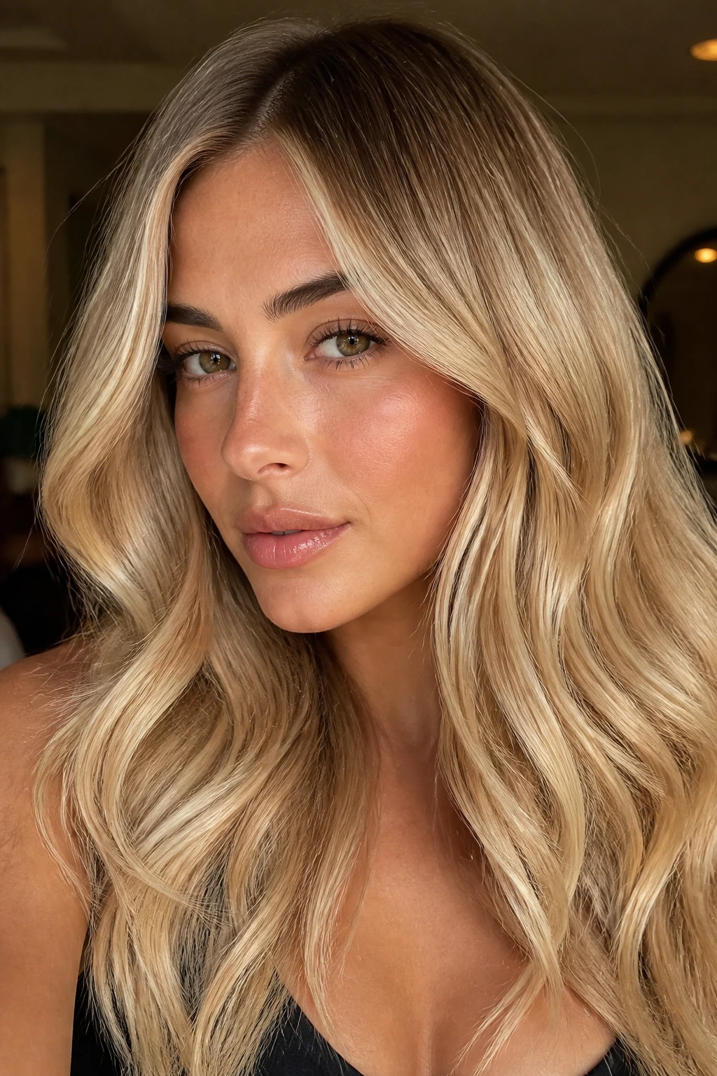 Portrait of olive-skinned person with creamy buttercream blonde hair and soft highlights.