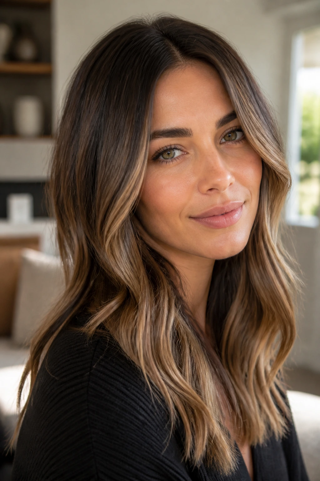 Close-up of a real woman with olive skin and neutral beige caramel balayage.