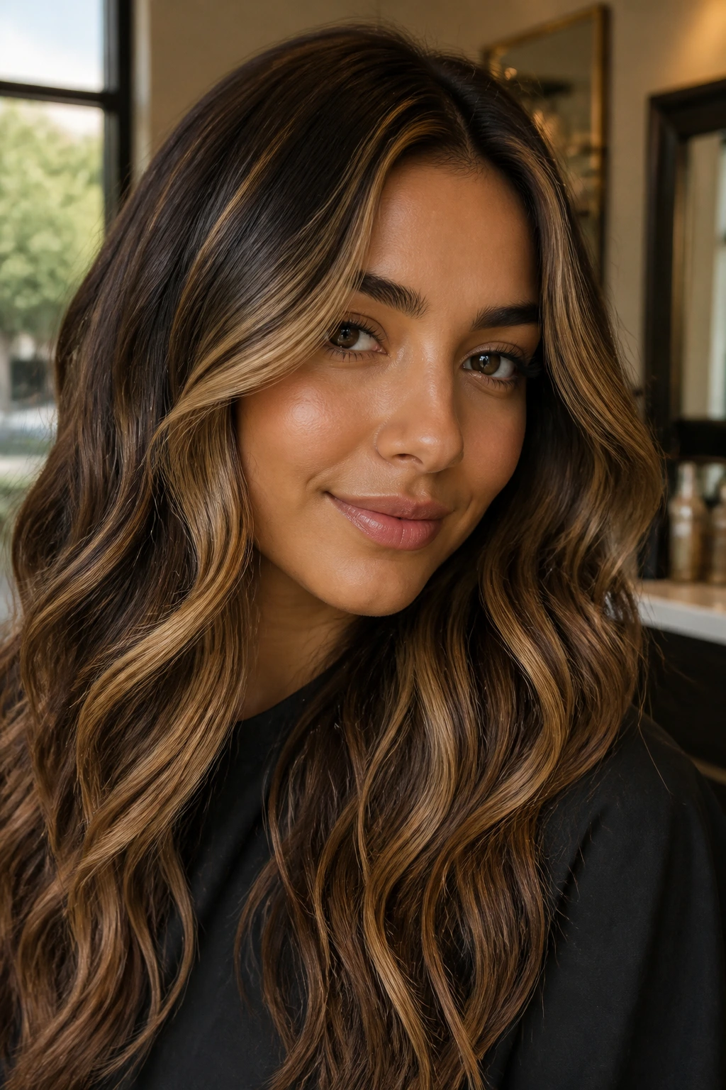 Close-up portrait of a real woman with olive skin and caramel-brown highlights framing her face