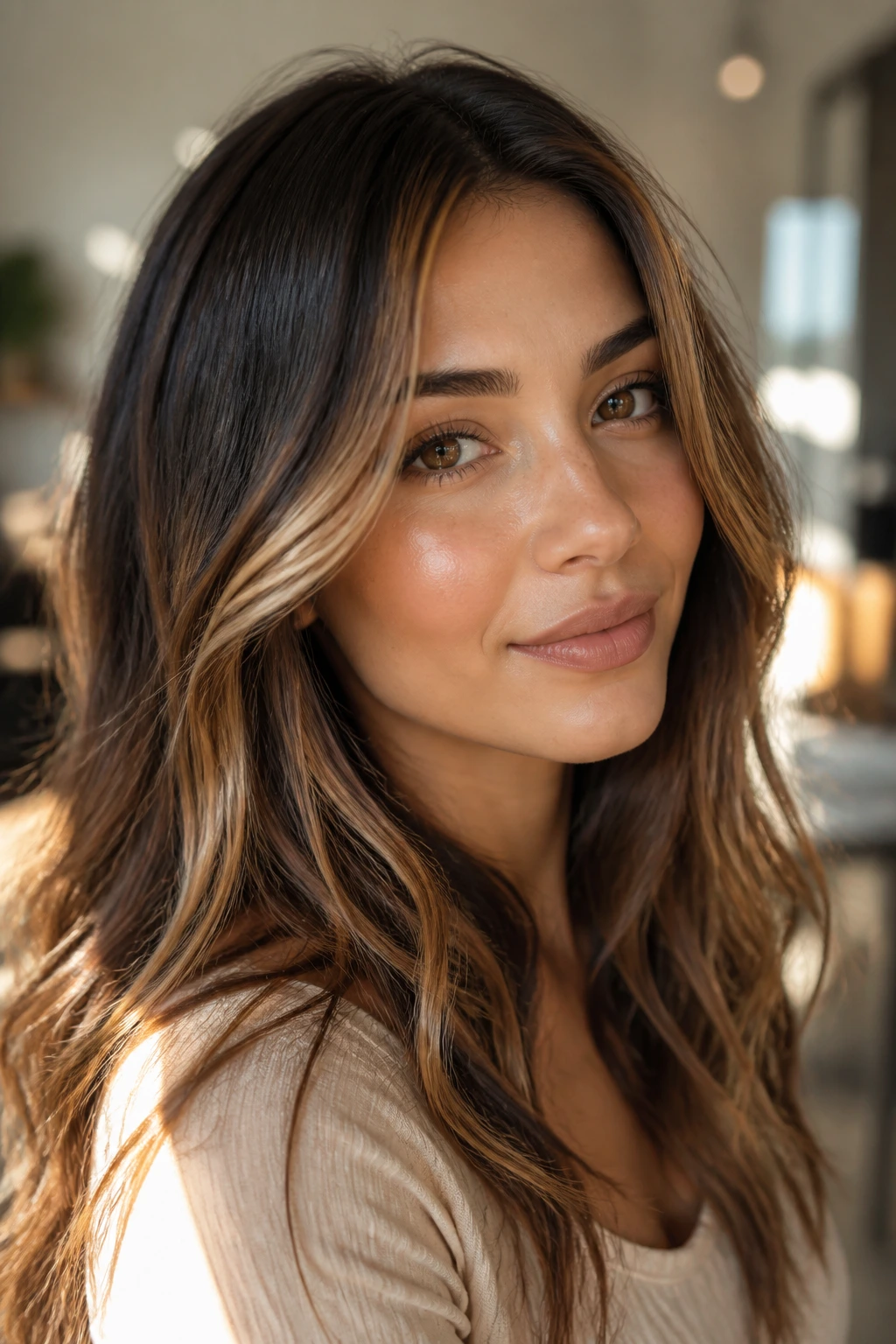 Close-up of an olive-skinned person with caramel and honey highlights framing the face