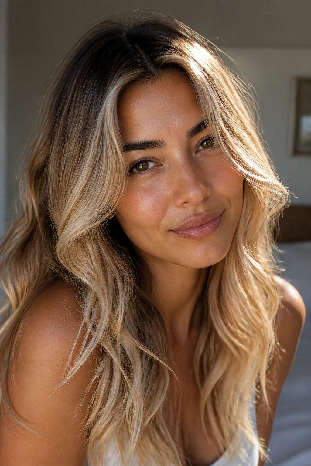 Olive-skinned person with sunlit champagne blonde hair and soft waves under warm window light.