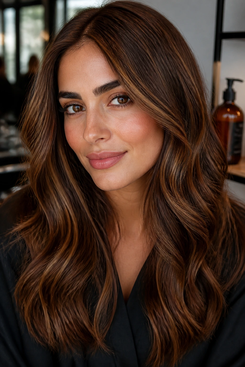 Close-up of olive-skinned woman with chestnut brunette hair and glossy finish in salon.