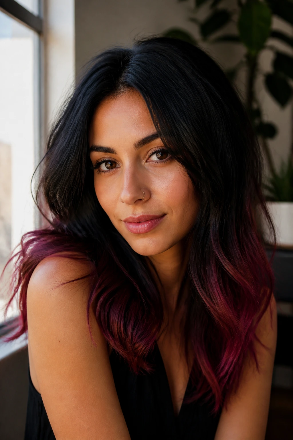 Close-up of olive-skinned person with color-tipped hair on warm natural light.
