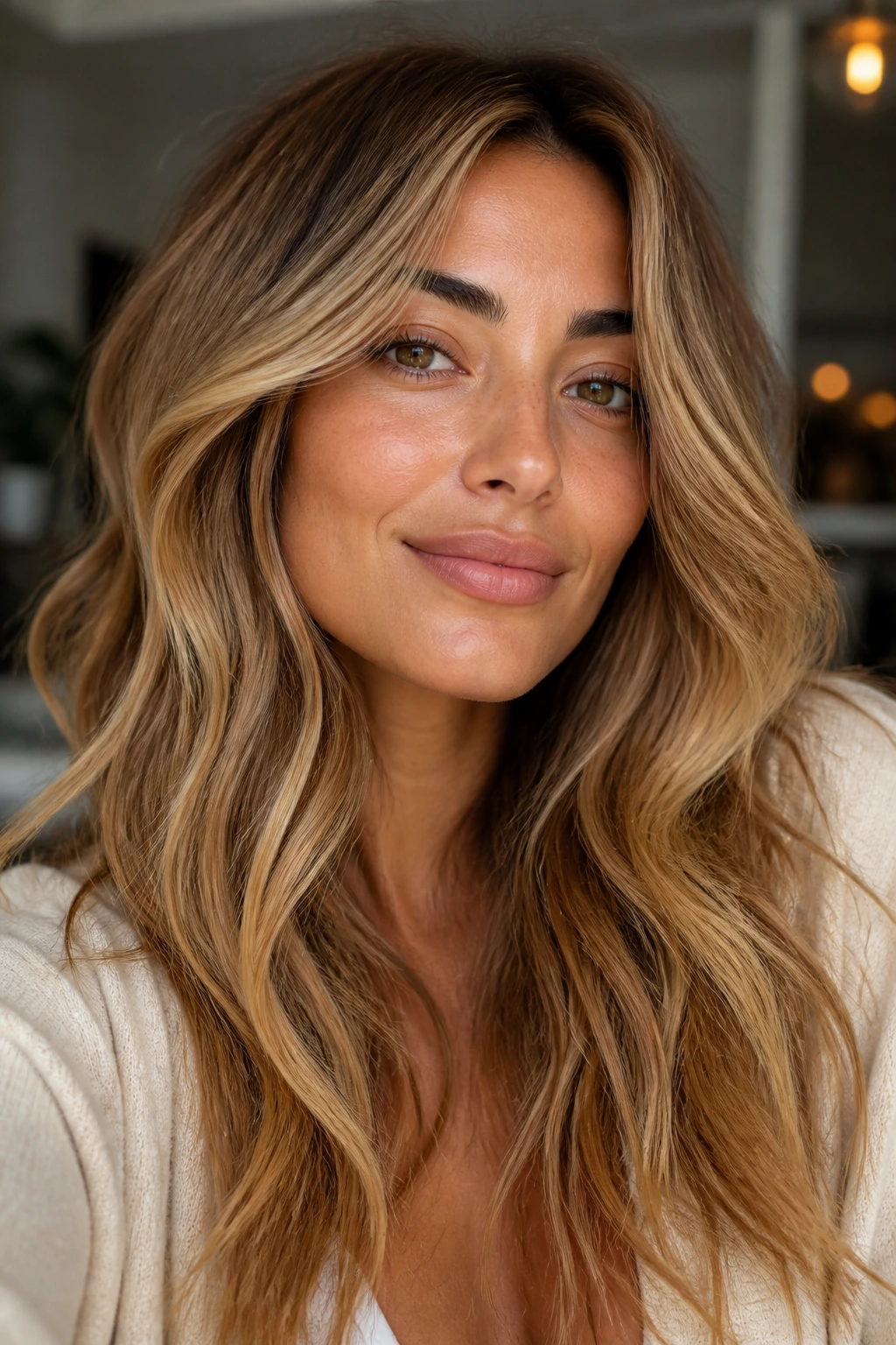 Close-up portrait of olive skin with warm golden beige blonde shades and subtle root depth.