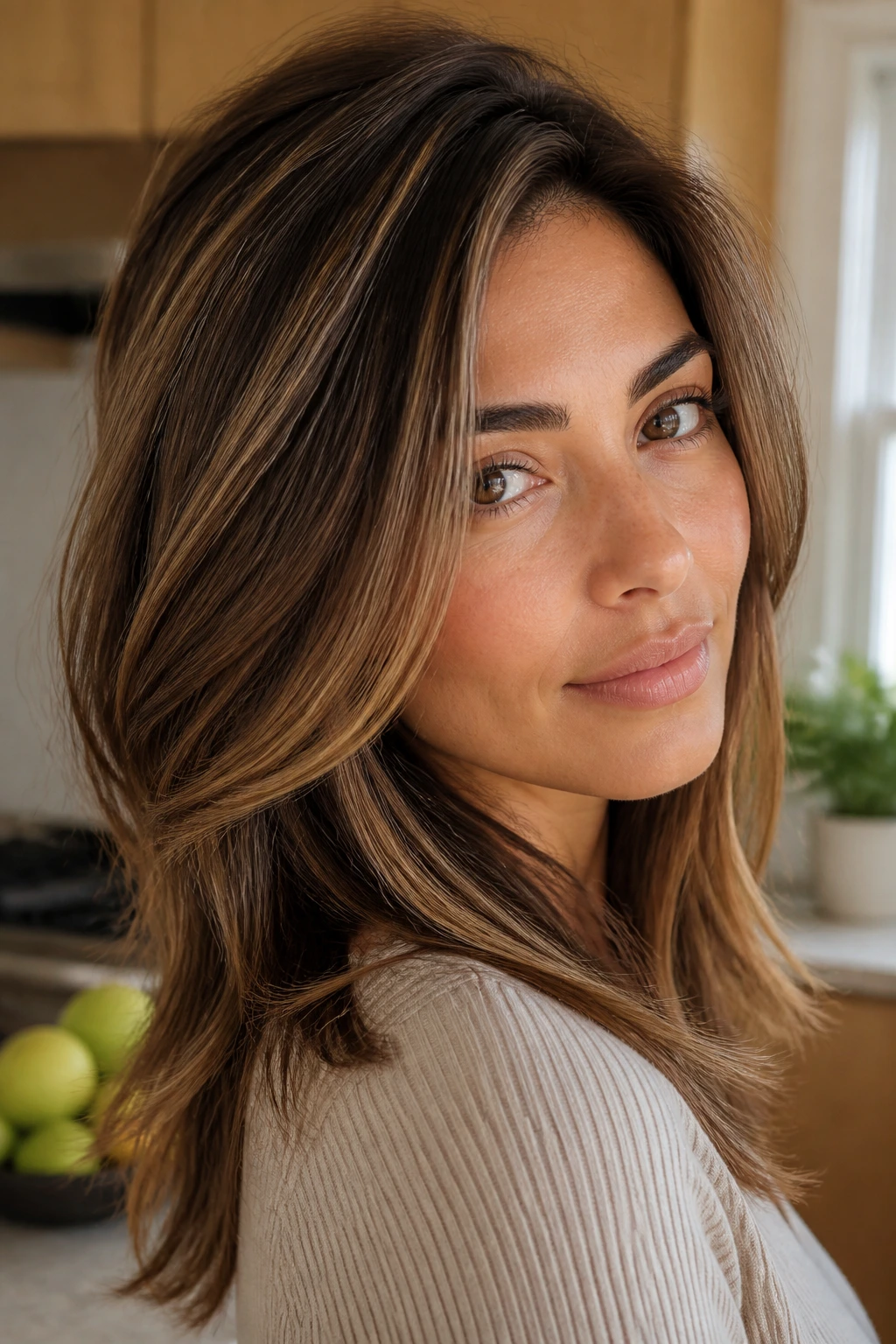Portrait of an olive-skinned woman with fine hair and beige caramel highlights