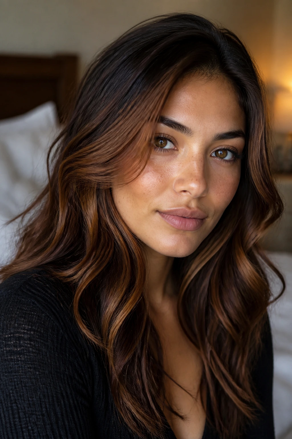 Close-up of a real person with olive skin and brunette hair with caramel and copper highlights.