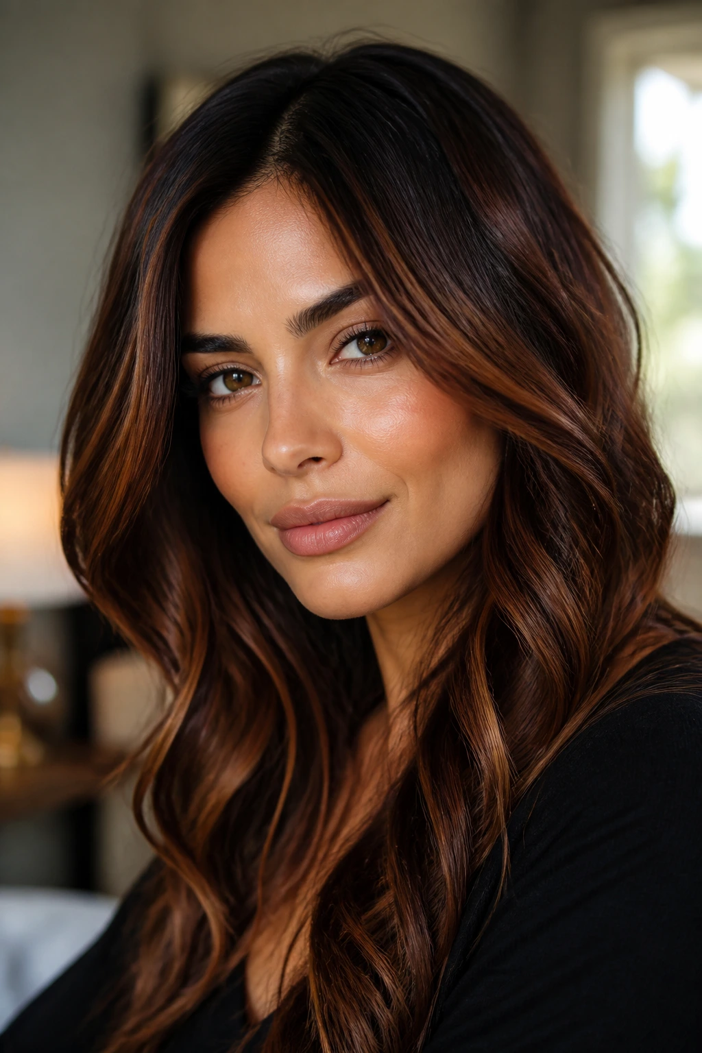 Close-up of olive-skinned person with brunette red caramel hair highlighting warm undertones