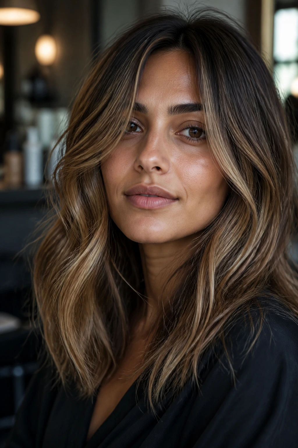 Close-up portrait of an olive-skinned woman with brown-blonde blended highlights