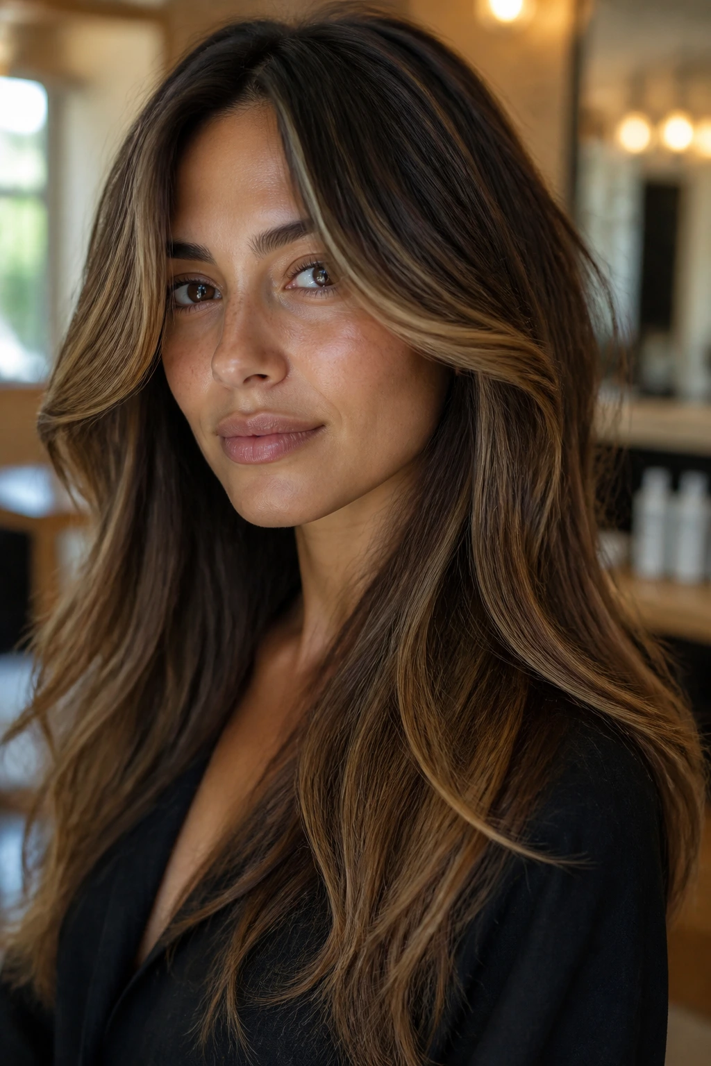 Close-up of a real woman with olive skin and layered highlighted hair