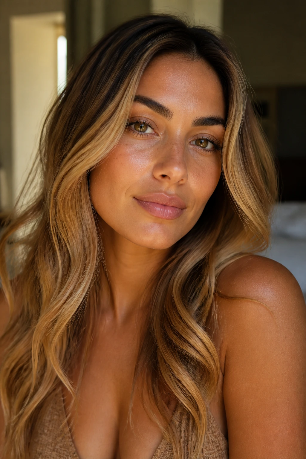 Close-up portrait of olive-skinned person with honey blonde hair in warm window light